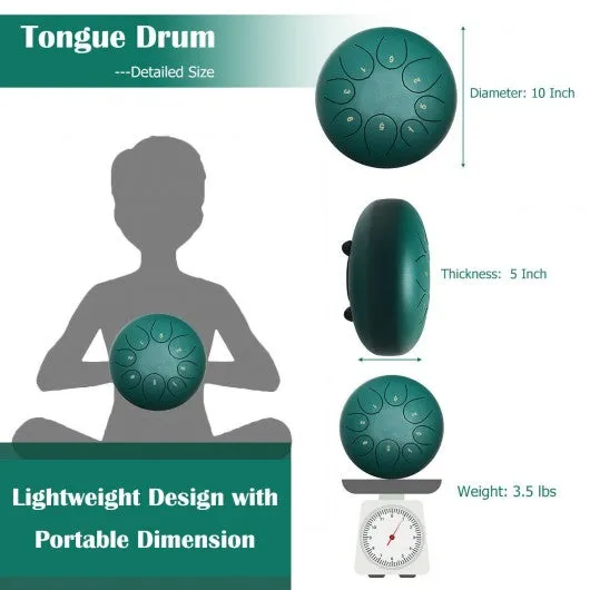 10" Steel Tongue Drum 8 Notes Handpan Drum-Green