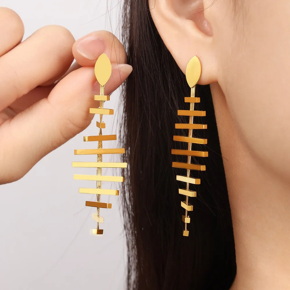 18K gold exquisite personalized fish bone and tassel design light luxury style earrings