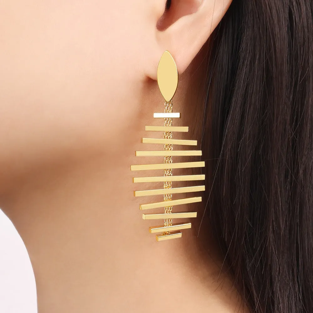 18K gold exquisite personalized fish bone and tassel design light luxury style earrings