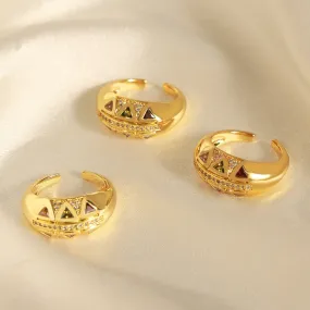 18K gold light luxury retro geometric triangle inlaid zircon open design palace style ring