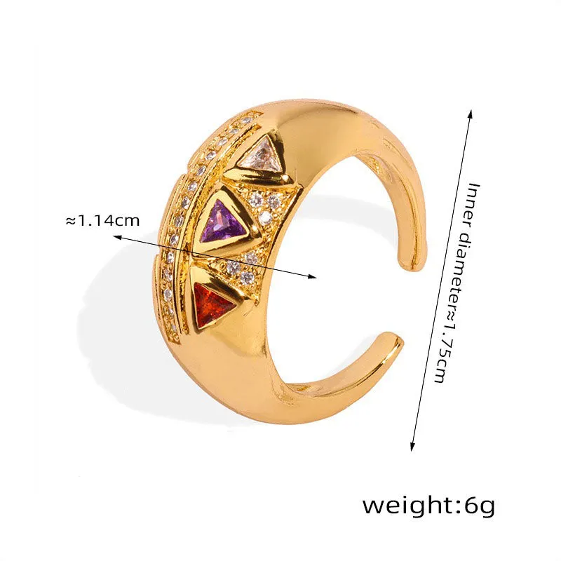 18K gold light luxury retro geometric triangle inlaid zircon open design palace style ring