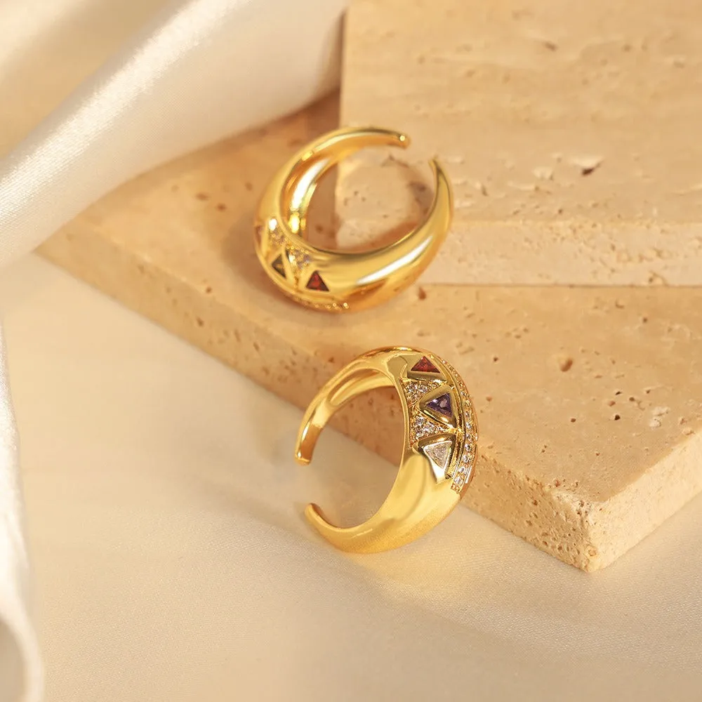 18K gold light luxury retro geometric triangle inlaid zircon open design palace style ring