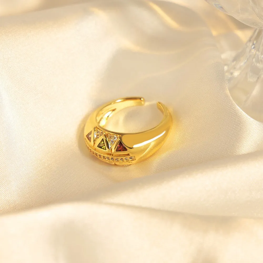 18K gold light luxury retro geometric triangle inlaid zircon open design palace style ring