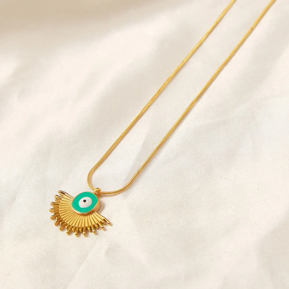 18K gold retro palace style geometric fan-shaped pendant necklace with devil's eye design