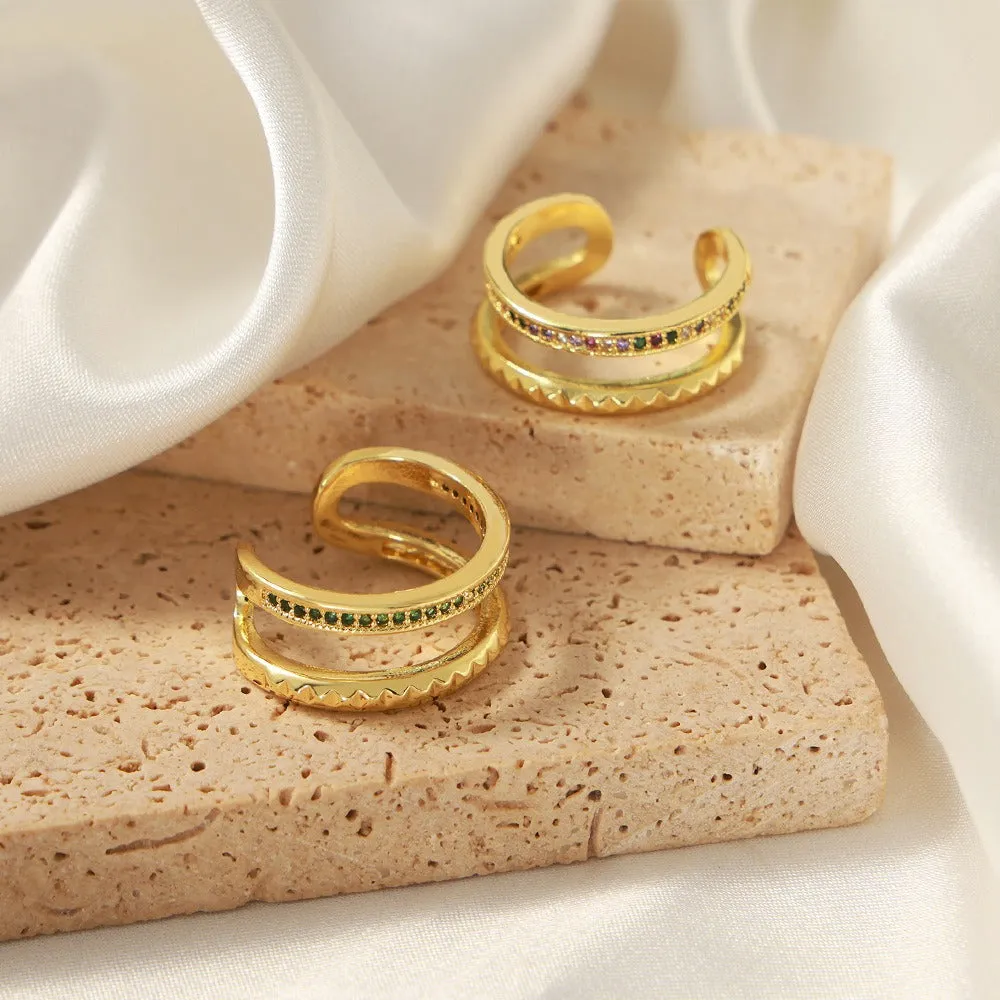 18K gold simple and elegant ring with double-layer hollow diamond open design ring