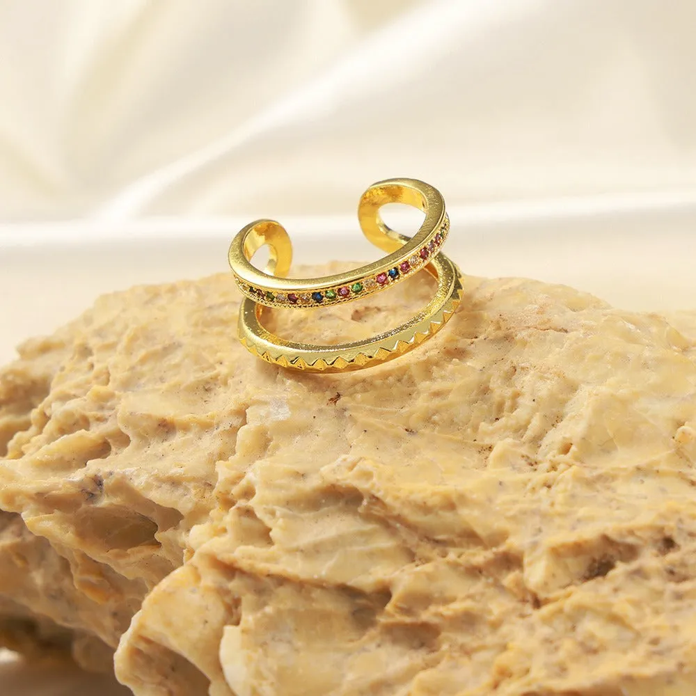 18K gold simple and elegant ring with double-layer hollow diamond open design ring