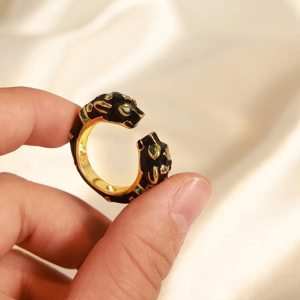 18K gold trendy and fashionable cheetah inlaid gem opening design light luxury style ring