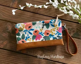 Coral Floral in Linen with Vegan Leather - Zippered Wristlet Clutch /  Bridesmaid Gift- Accessory Make Up Bag -