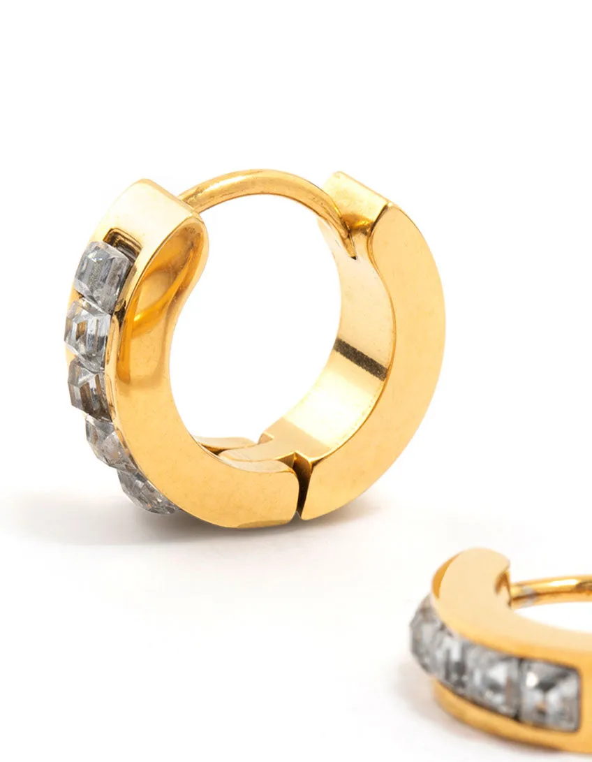 Gold Plated Stainless Steel Square Cut Diamante Huggie Earrings