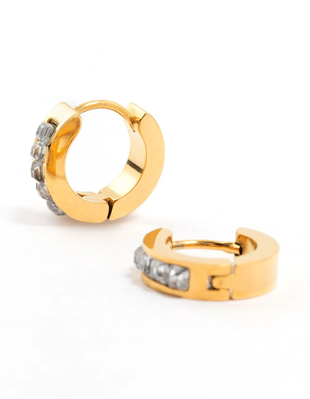 Gold Plated Stainless Steel Square Cut Diamante Huggie Earrings