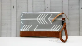 Grey Arrows with Vegan Leather - Zippered Wristlet Clutch /  Bridesmaid Gift- Accessory Make Up Bag -