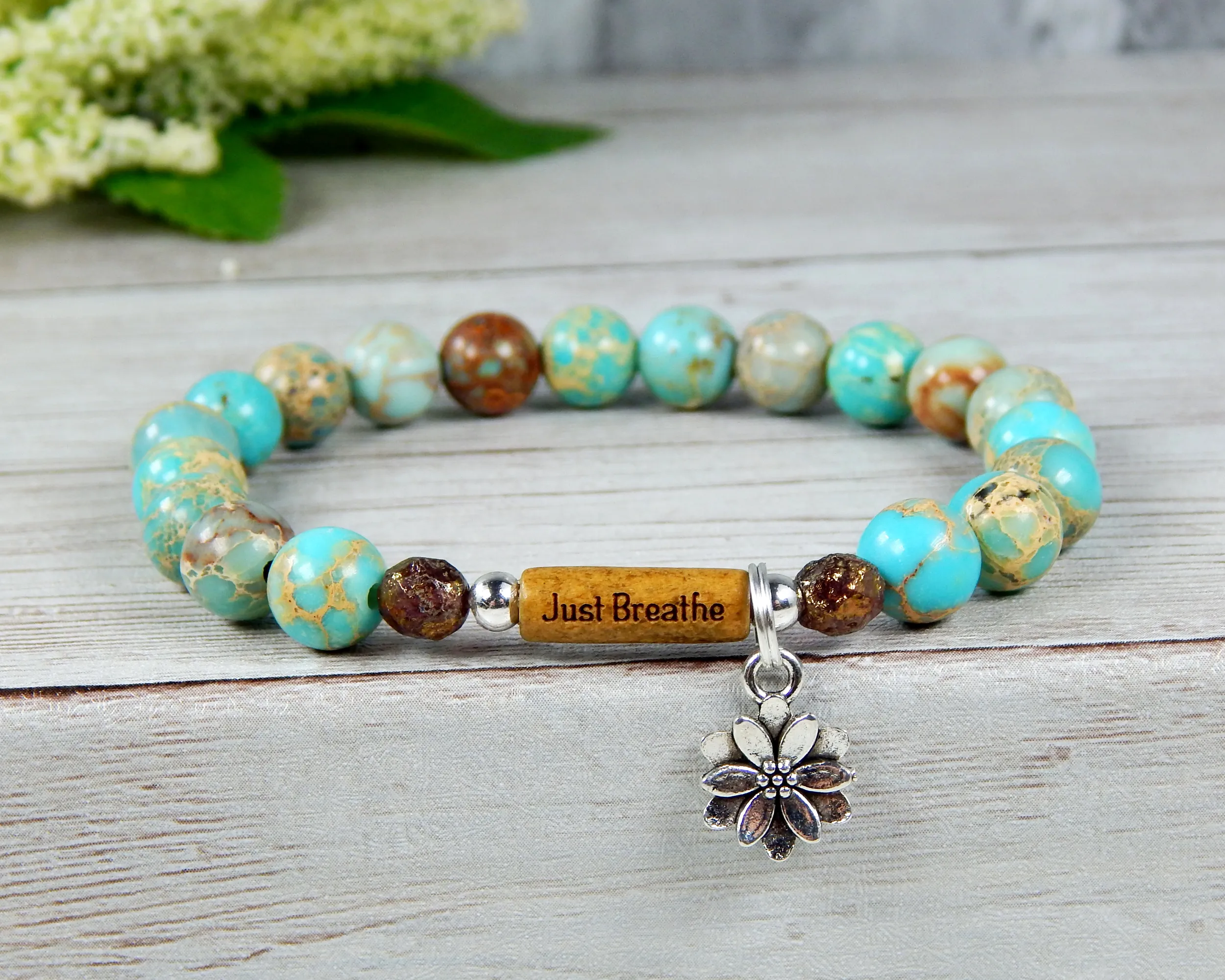 Sky Blue Beaded Bracelet - Lotus Flower Charm and Word Bead Message Jewelry