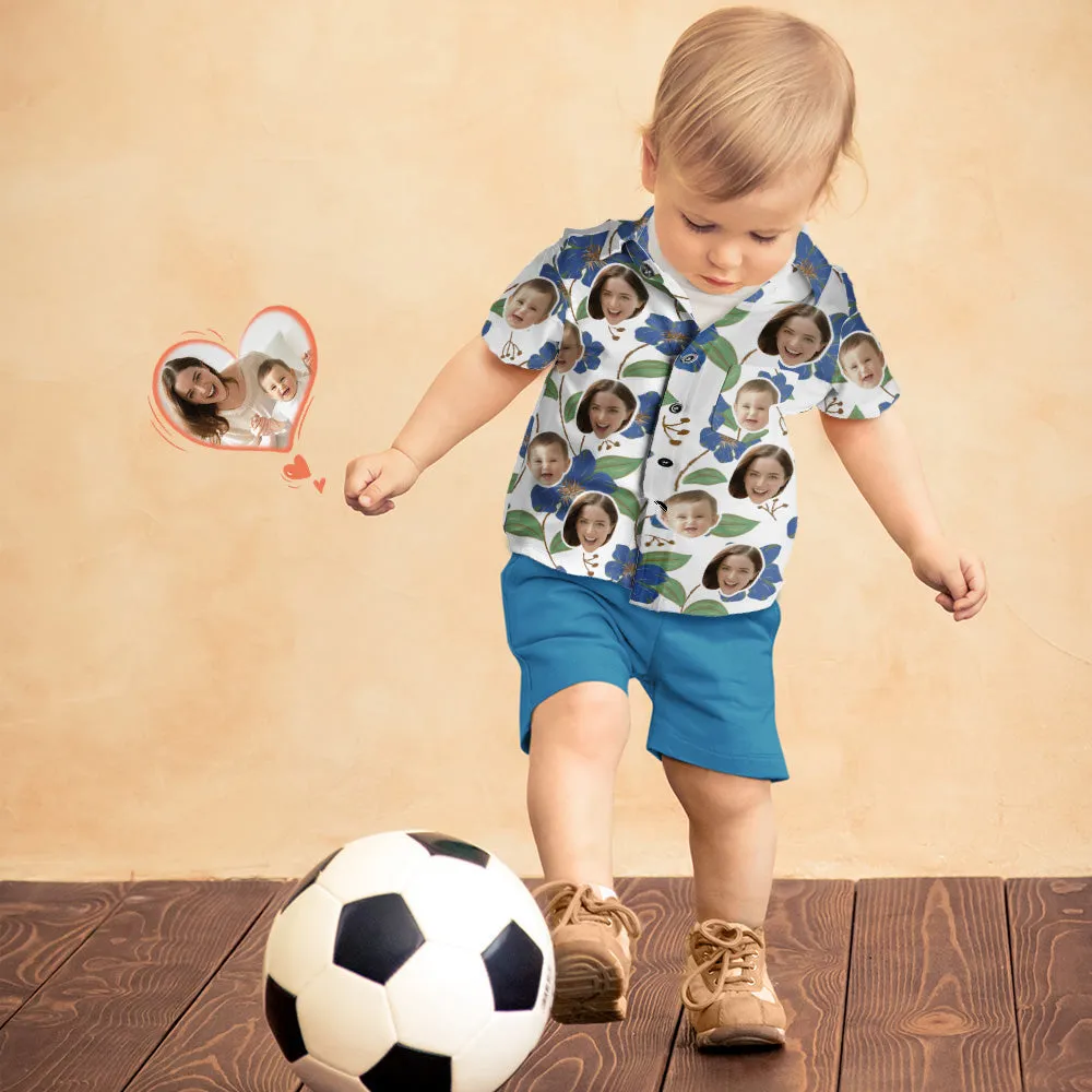 Women's and Kids Hawaiian Shirts Short Sleeve Shirt With Blue Flowers