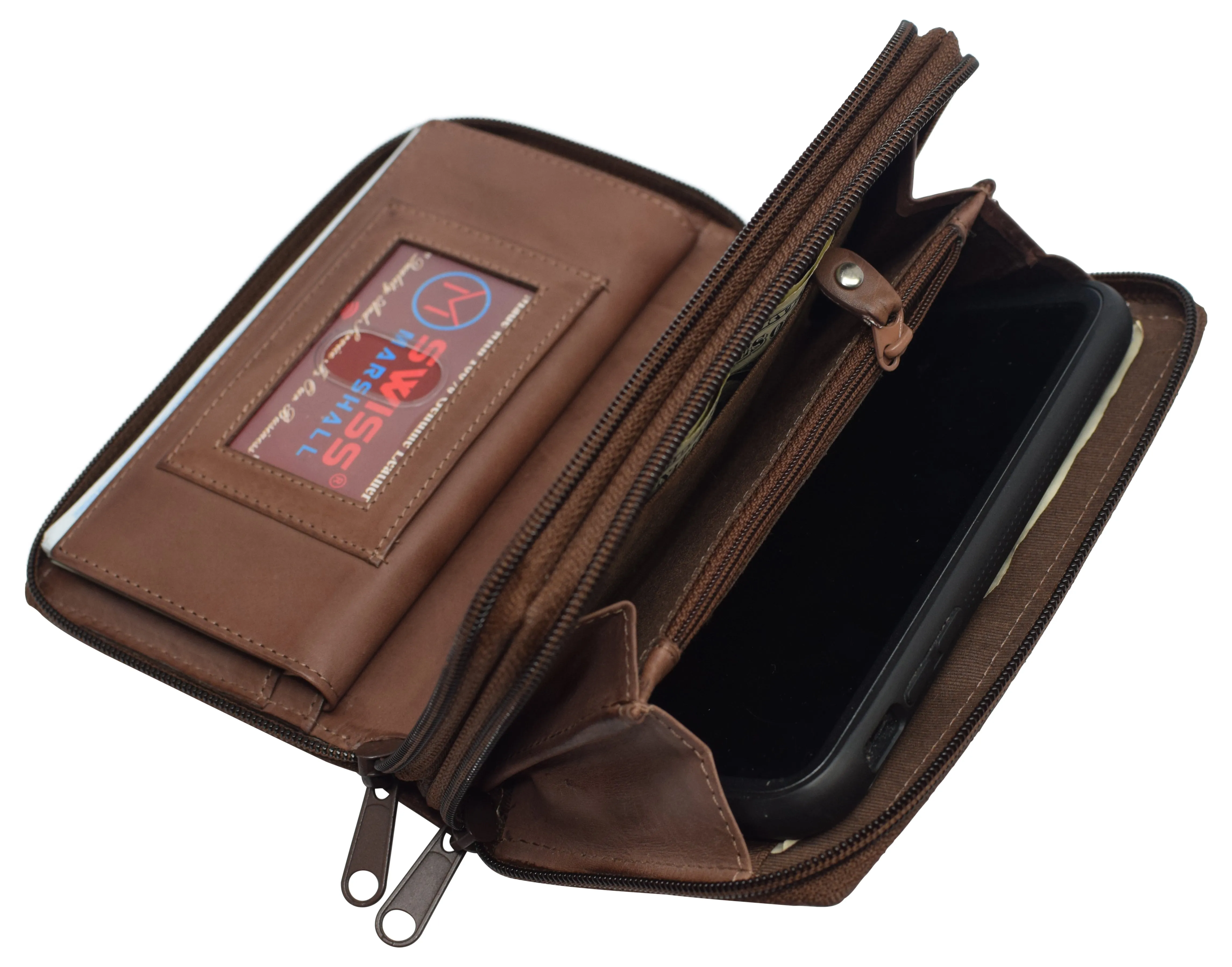 Women's RFID Blocking Double Zipper Smartphone Leather Wallet with Removable Checkbook Holder