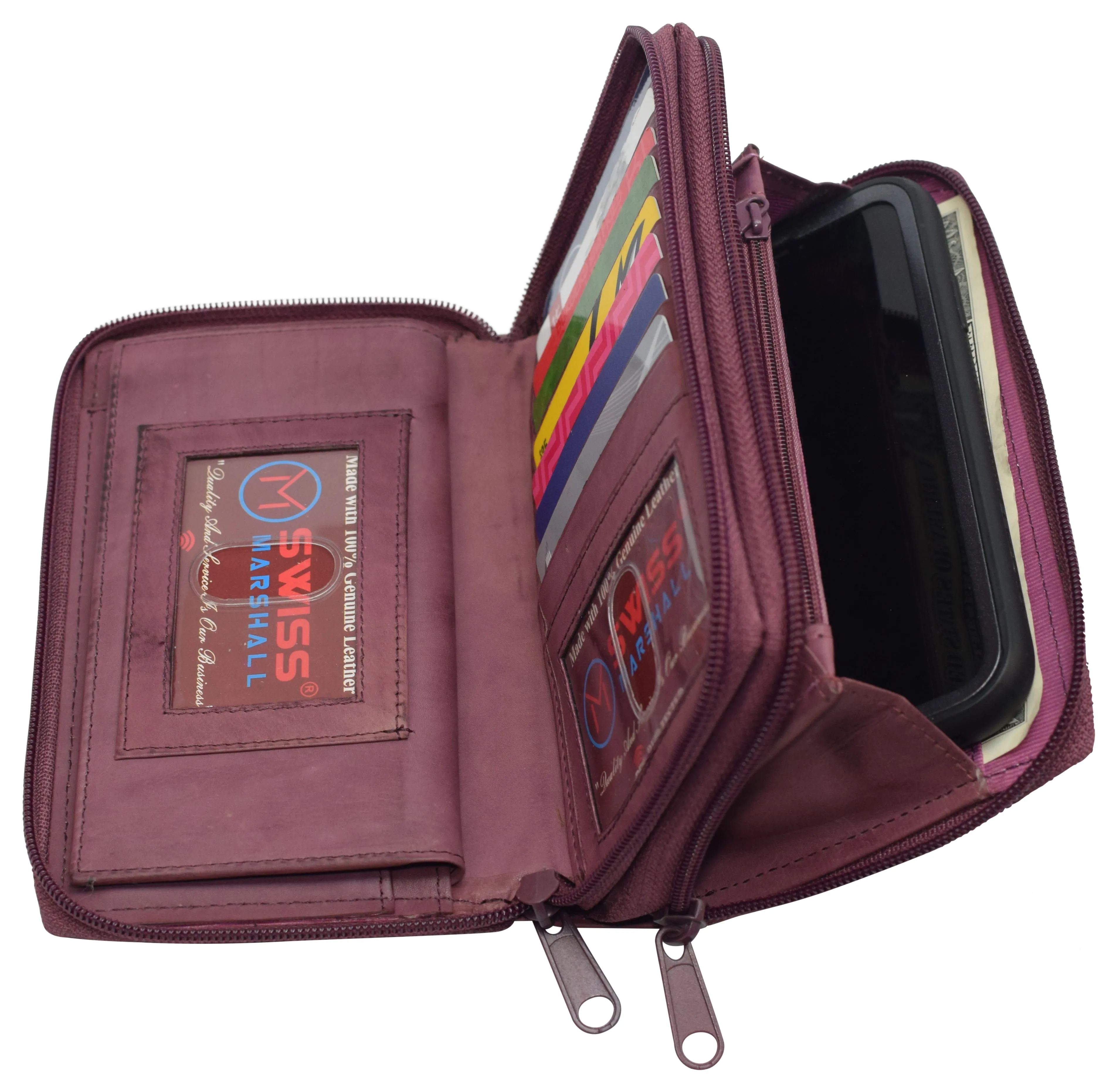 Women's RFID Blocking Double Zipper Smartphone Leather Wallet with Removable Checkbook Holder
