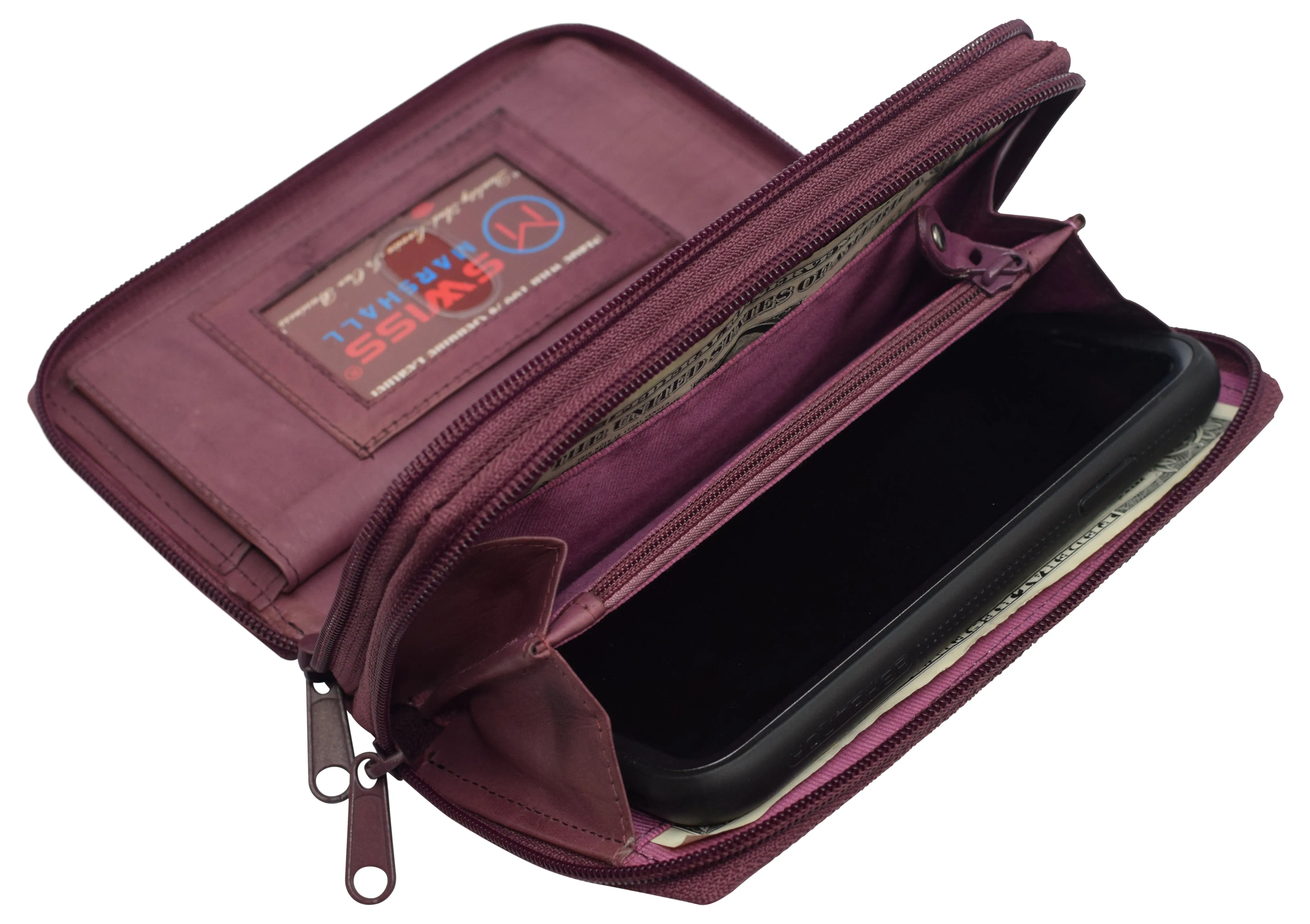 Women's RFID Blocking Double Zipper Smartphone Leather Wallet with Removable Checkbook Holder