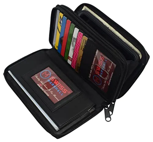 Women's RFID Blocking Double Zipper Smartphone Leather Wallet with Removable Checkbook Holder