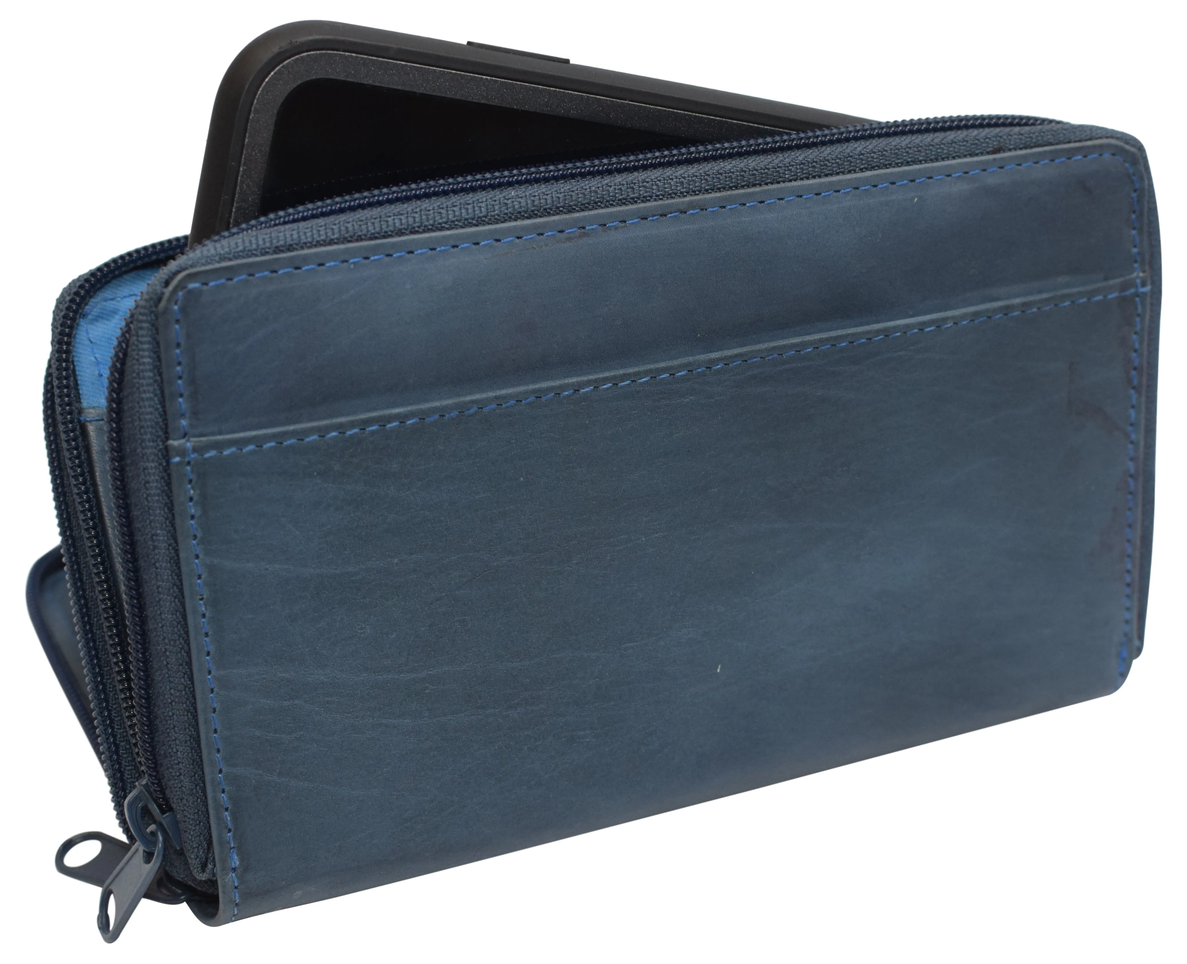 Women's RFID Blocking Double Zipper Smartphone Leather Wallet with Removable Checkbook Holder