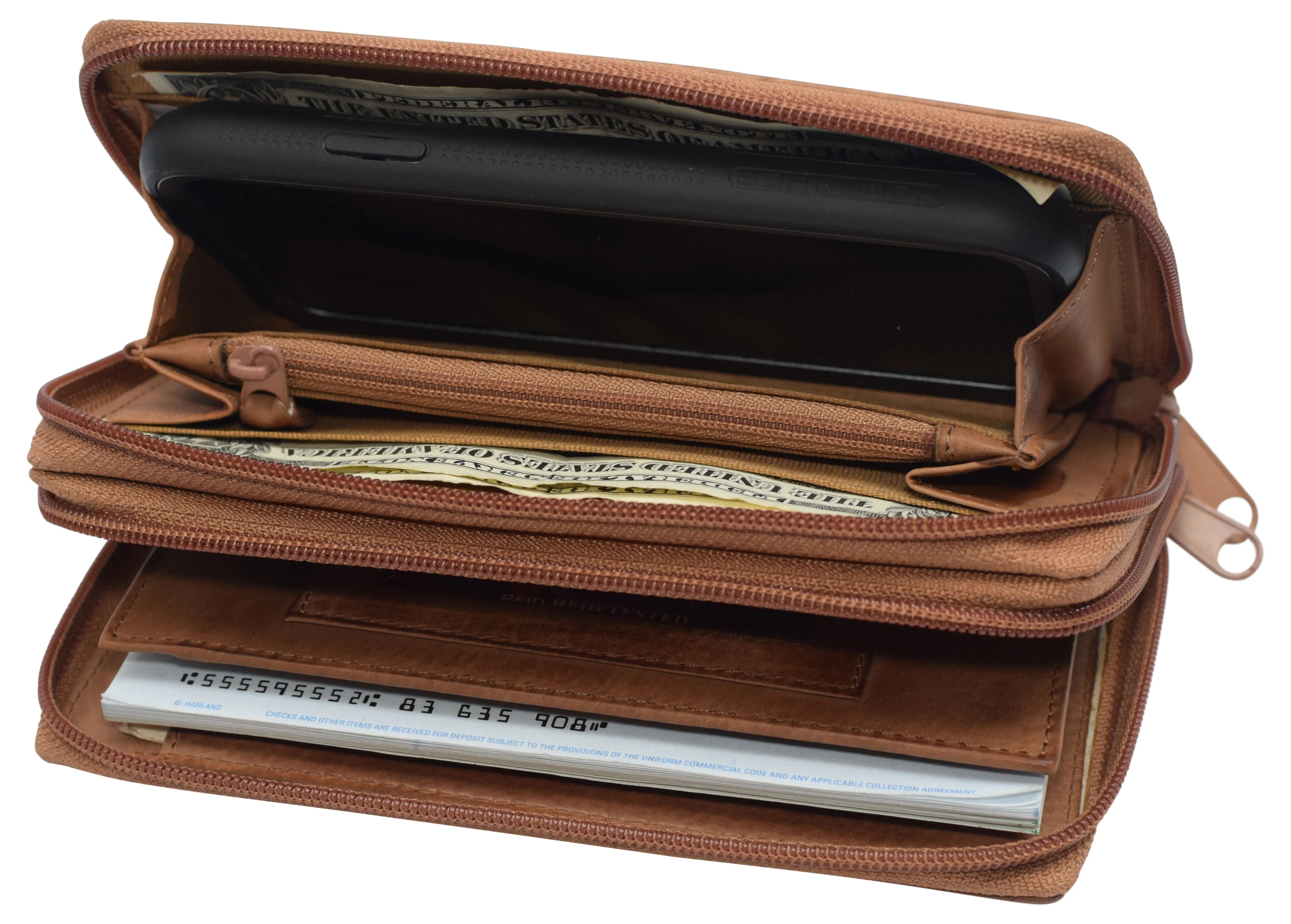 Women's RFID Blocking Double Zipper Smartphone Leather Wallet with Removable Checkbook Holder