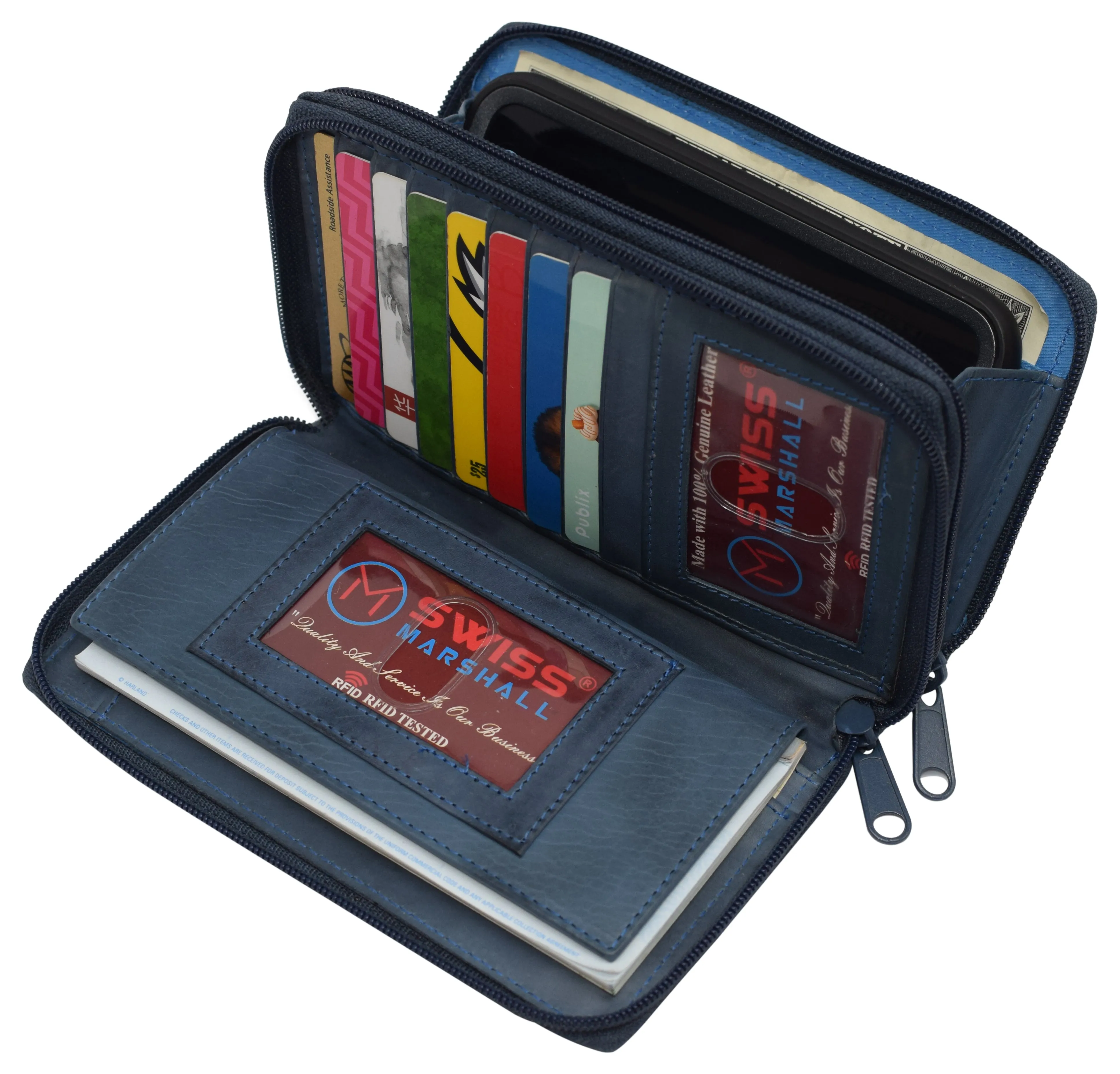 Women's RFID Blocking Double Zipper Smartphone Leather Wallet with Removable Checkbook Holder