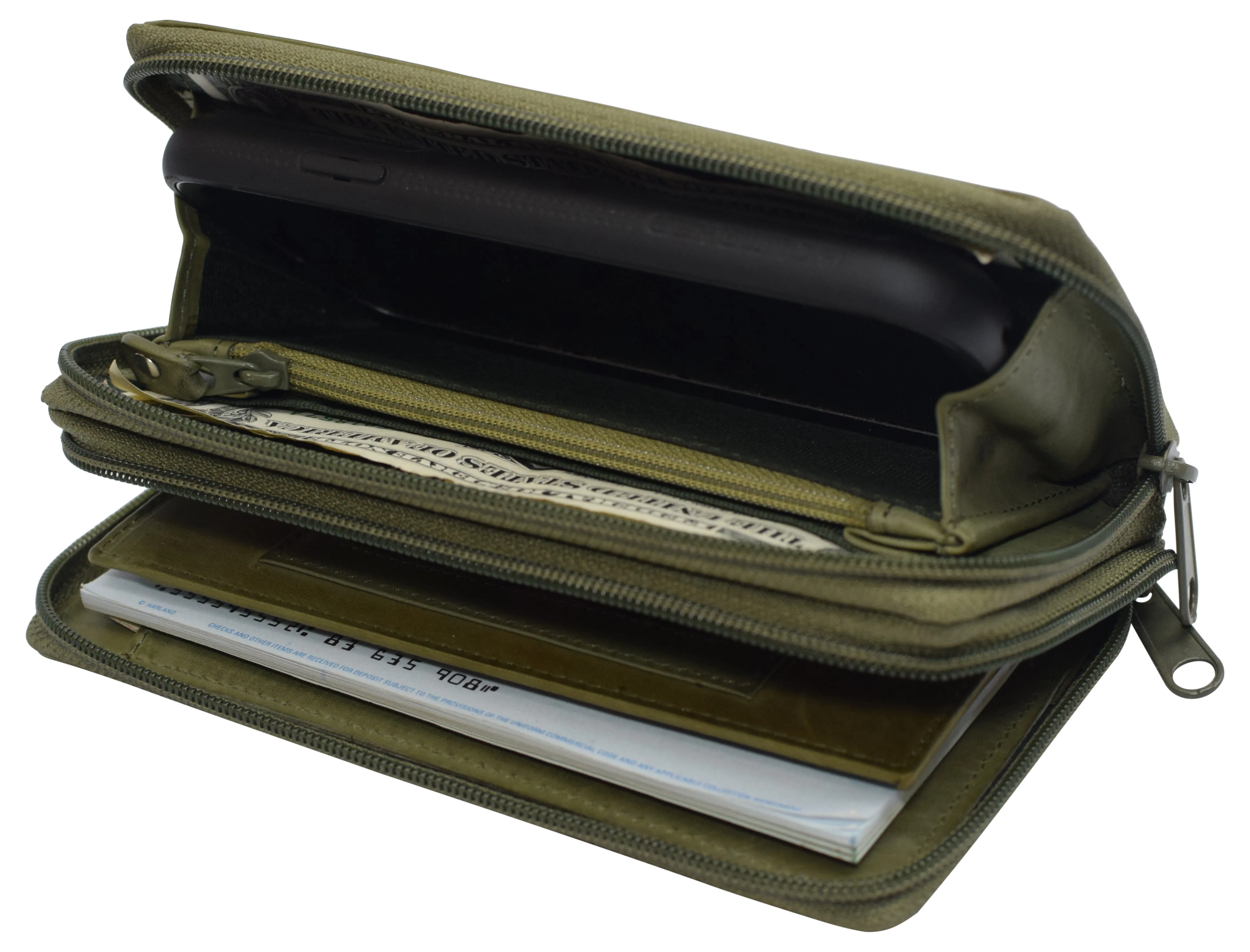 Women's RFID Blocking Double Zipper Smartphone Leather Wallet with Removable Checkbook Holder