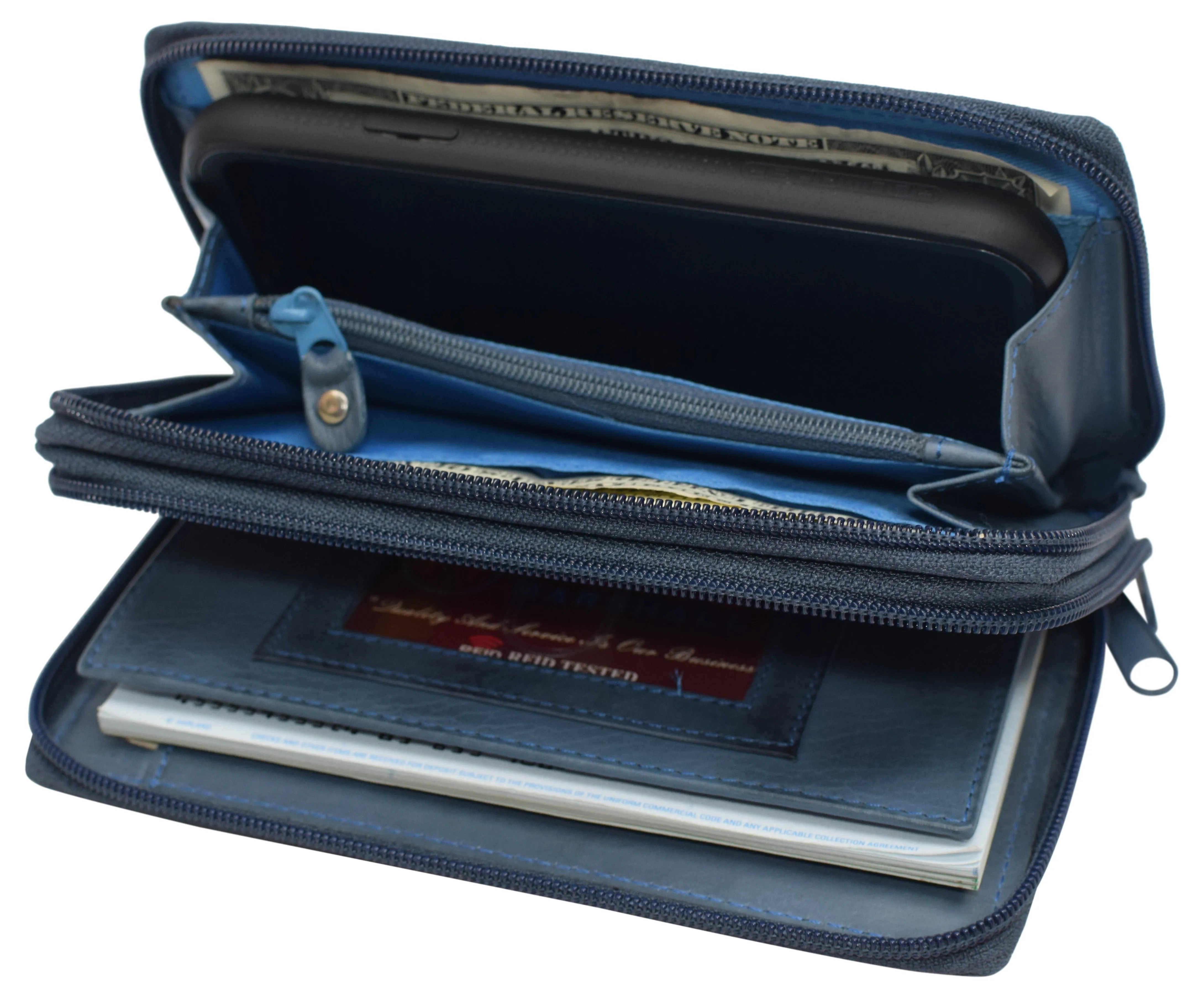Women's RFID Blocking Double Zipper Smartphone Leather Wallet with Removable Checkbook Holder