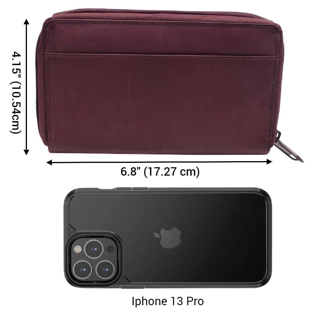 Women's RFID Blocking Double Zipper Smartphone Leather Wallet with Removable Checkbook Holder