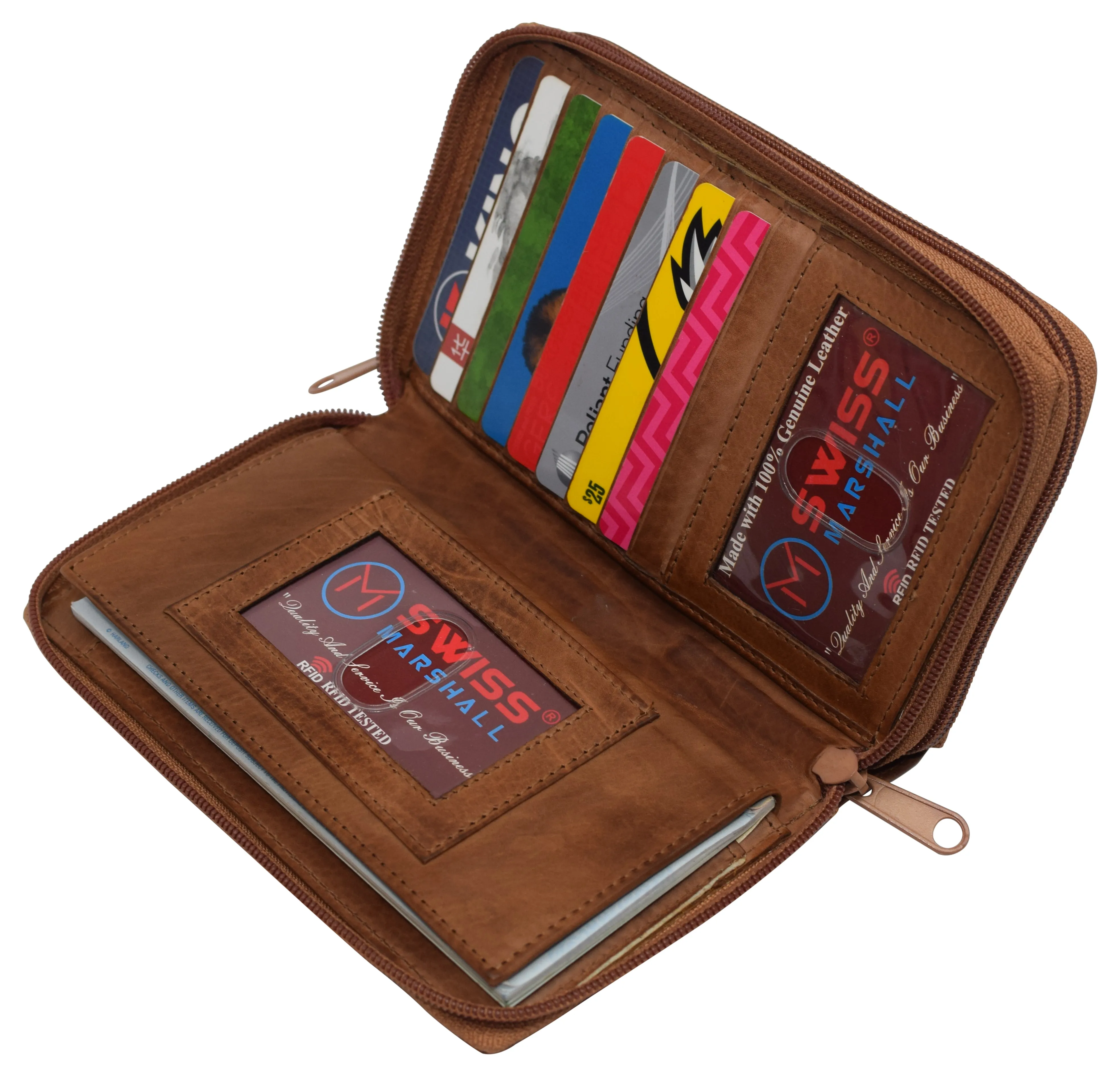 Women's RFID Blocking Double Zipper Smartphone Leather Wallet with Removable Checkbook Holder