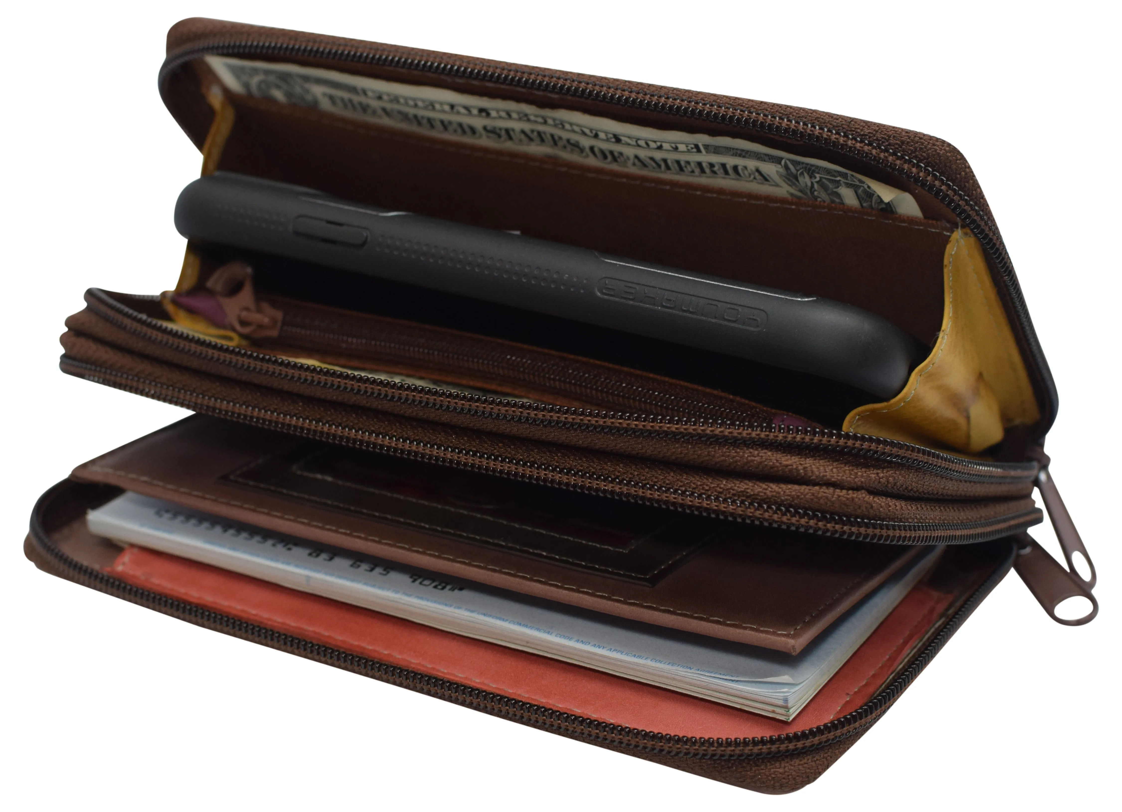 Women's RFID Blocking Double Zipper Smartphone Leather Wallet with Removable Checkbook Holder