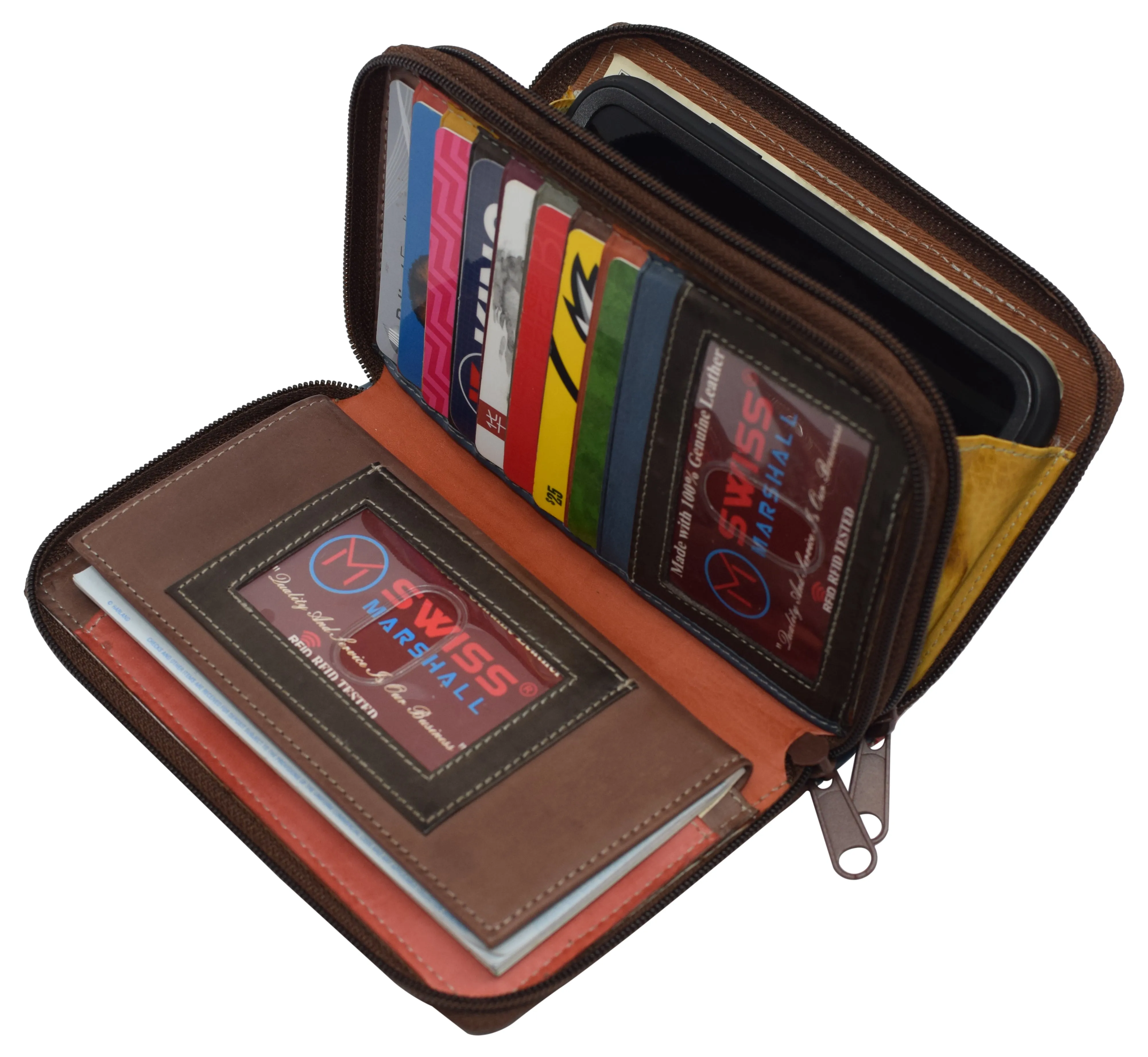 Women's RFID Blocking Double Zipper Smartphone Leather Wallet with Removable Checkbook Holder