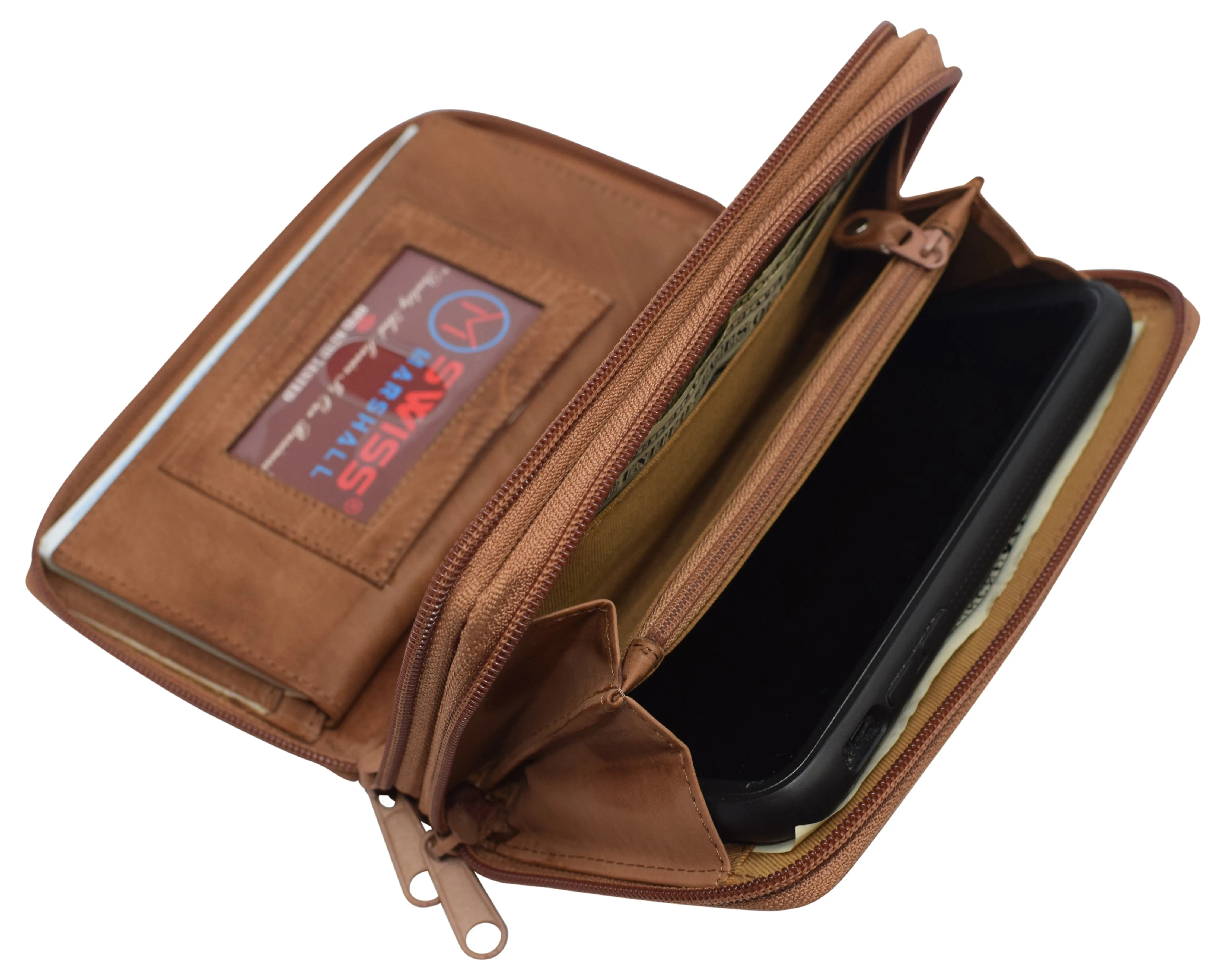 Women's RFID Blocking Double Zipper Smartphone Leather Wallet with Removable Checkbook Holder