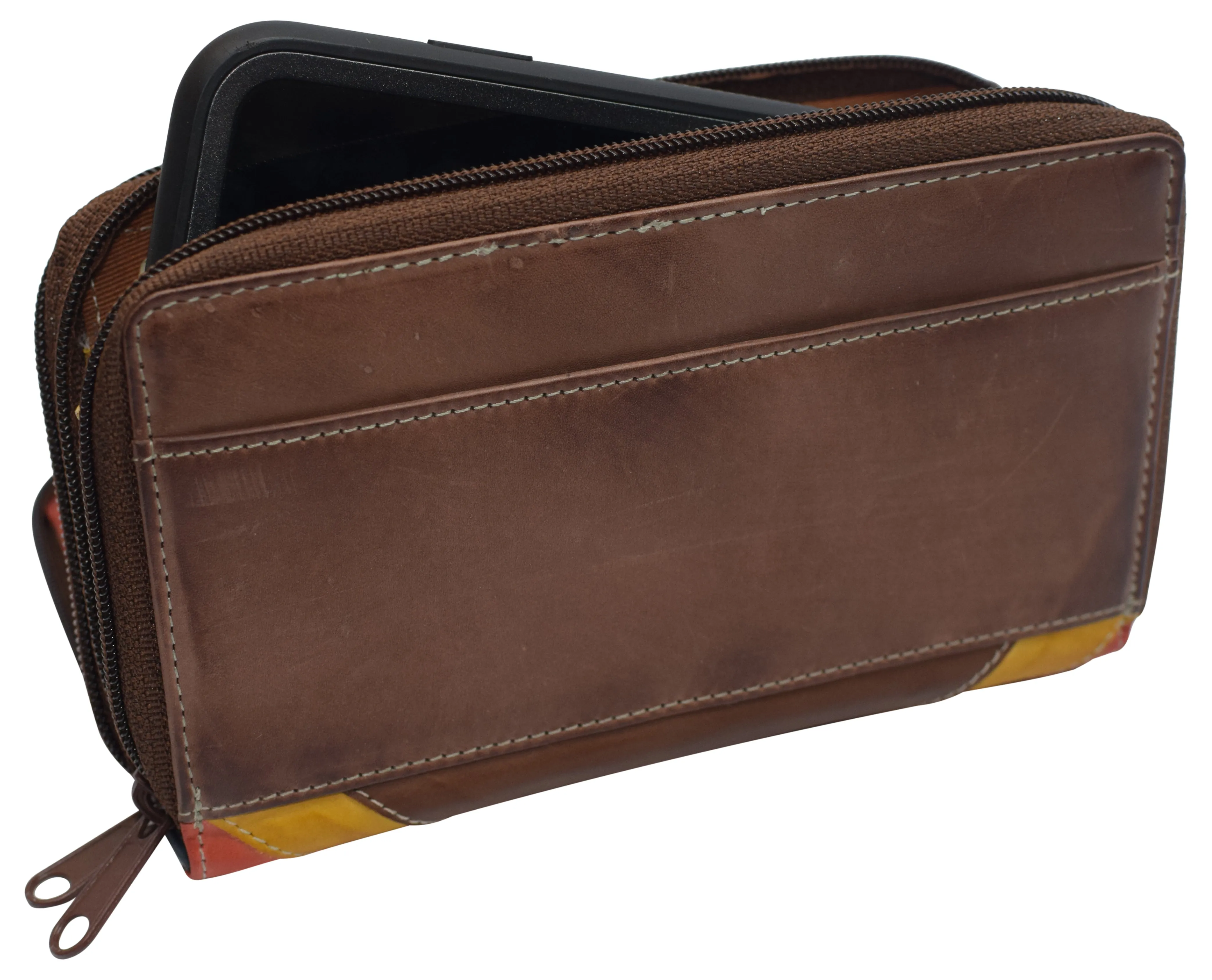 Women's RFID Blocking Double Zipper Smartphone Leather Wallet with Removable Checkbook Holder