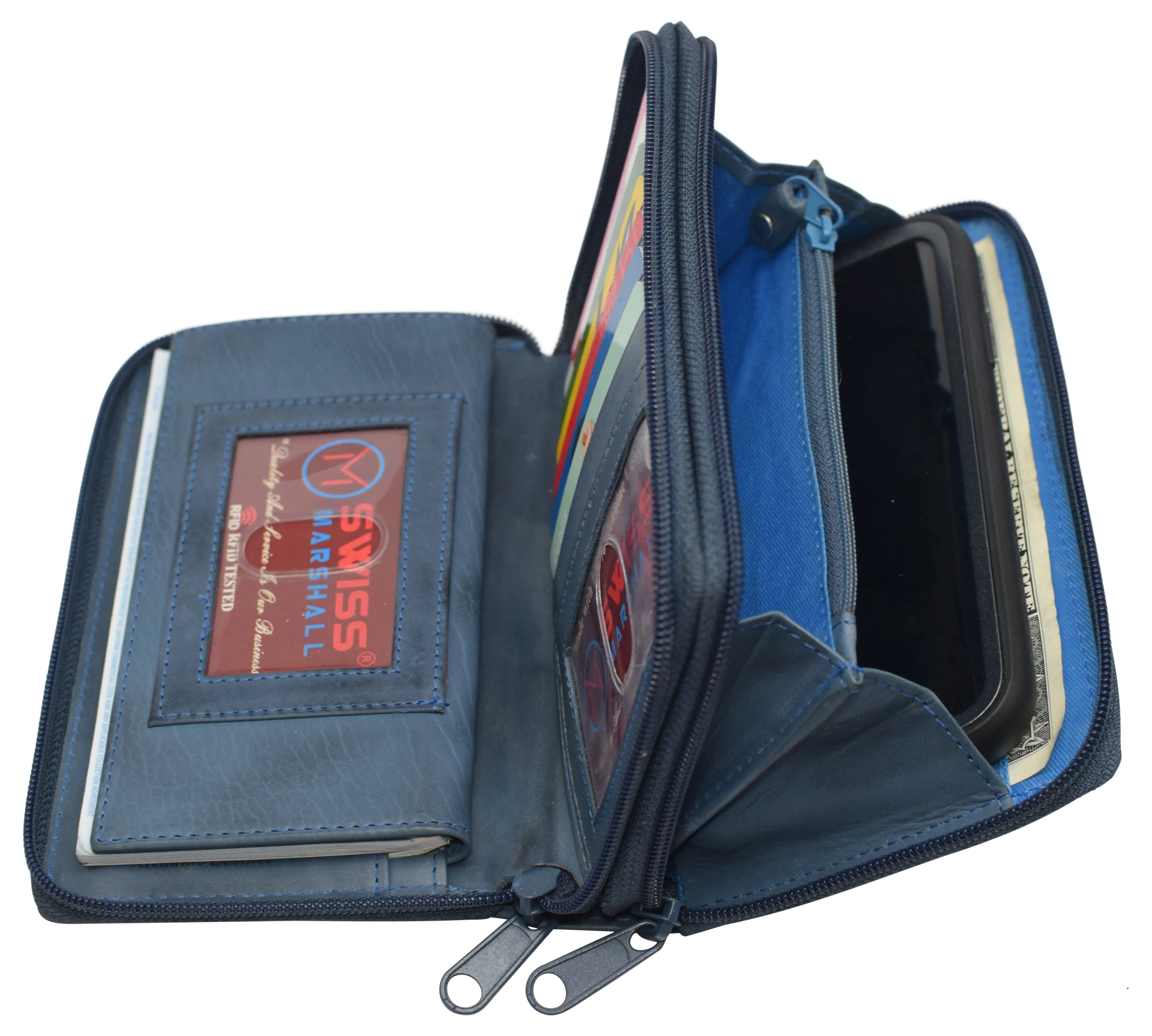 Women's RFID Blocking Double Zipper Smartphone Leather Wallet with Removable Checkbook Holder