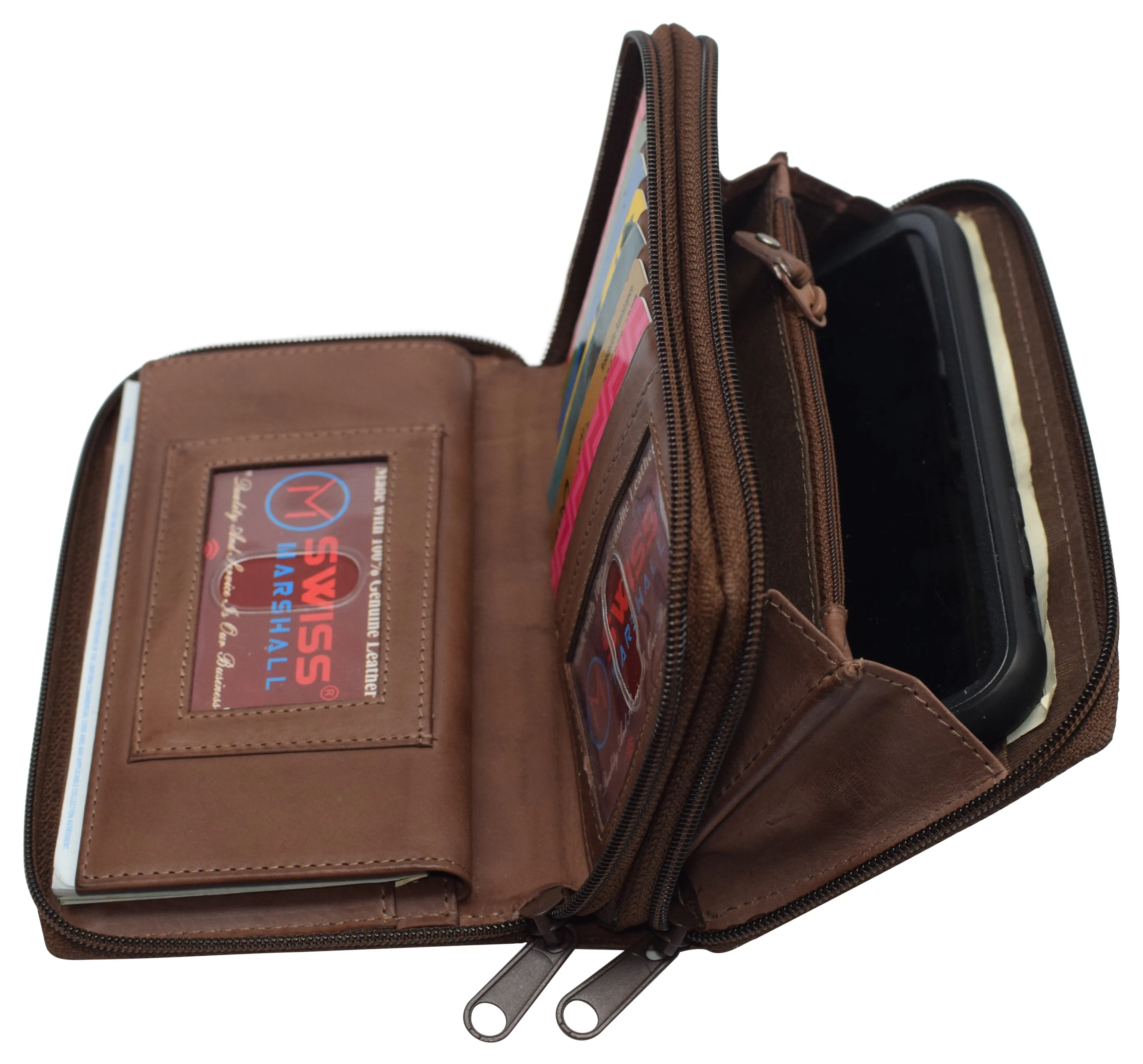 Women's RFID Blocking Double Zipper Smartphone Leather Wallet with Removable Checkbook Holder