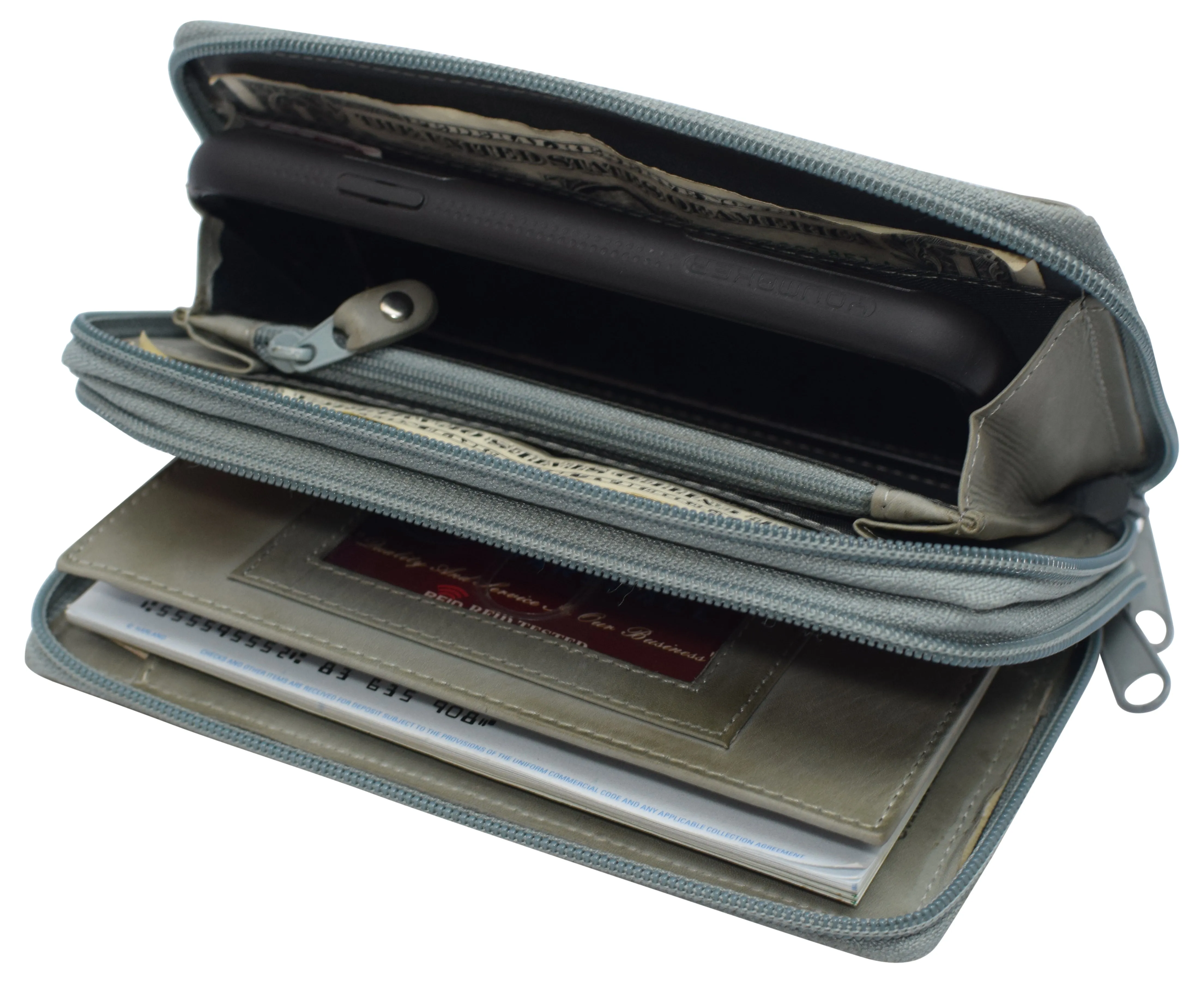 Women's RFID Blocking Double Zipper Smartphone Leather Wallet with Removable Checkbook Holder
