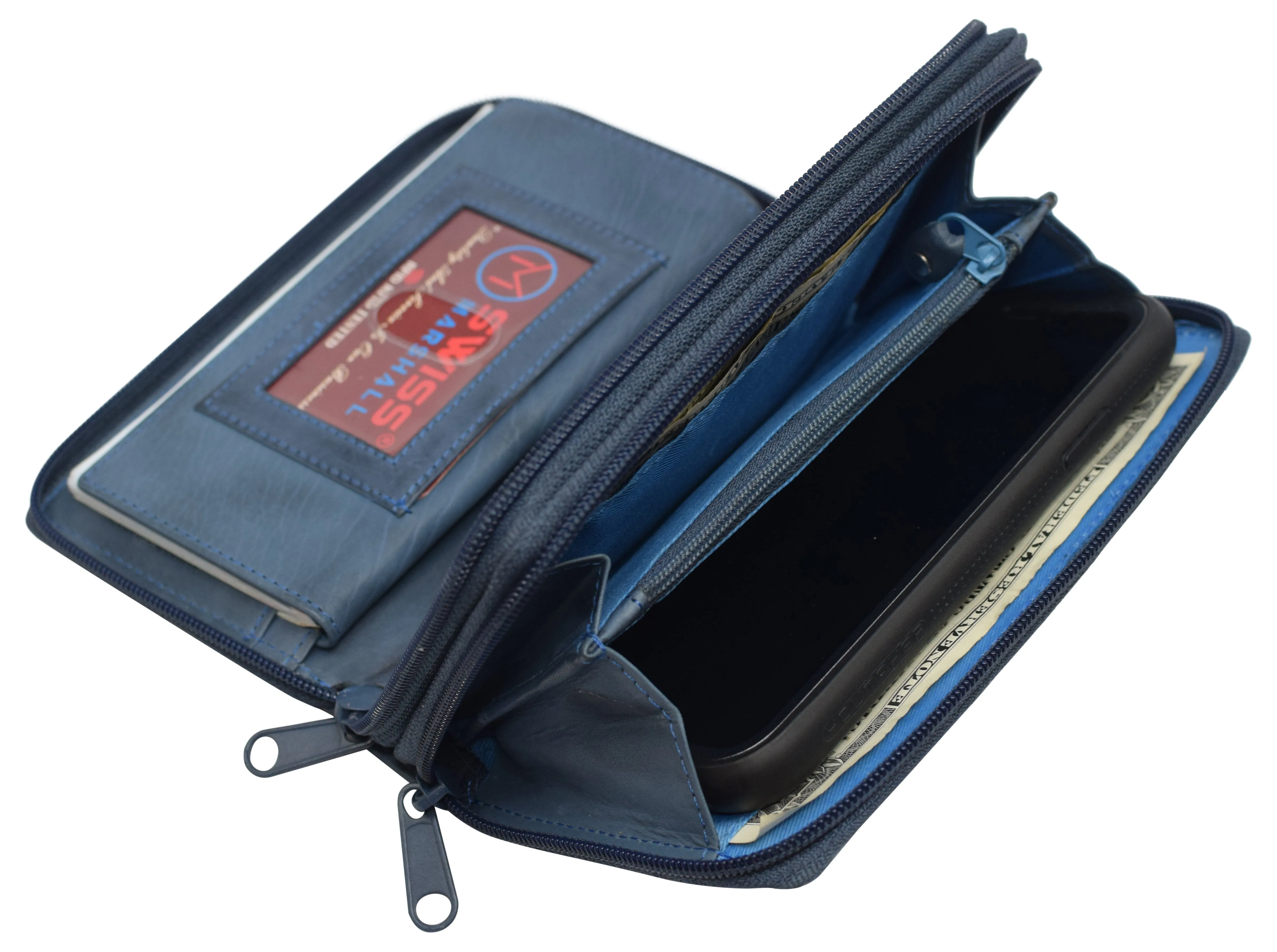 Women's RFID Blocking Double Zipper Smartphone Leather Wallet with Removable Checkbook Holder