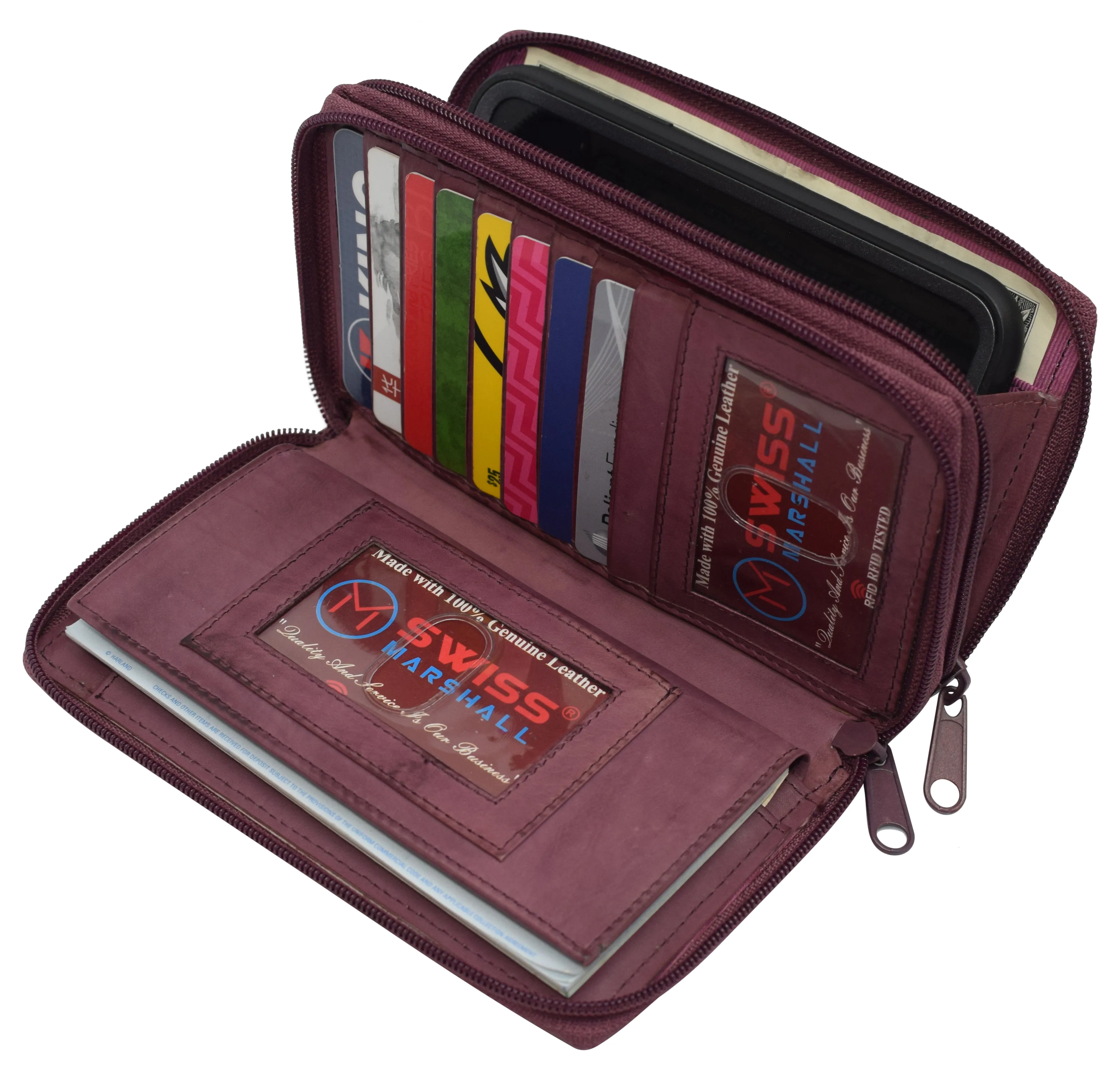 Women's RFID Blocking Double Zipper Smartphone Leather Wallet with Removable Checkbook Holder