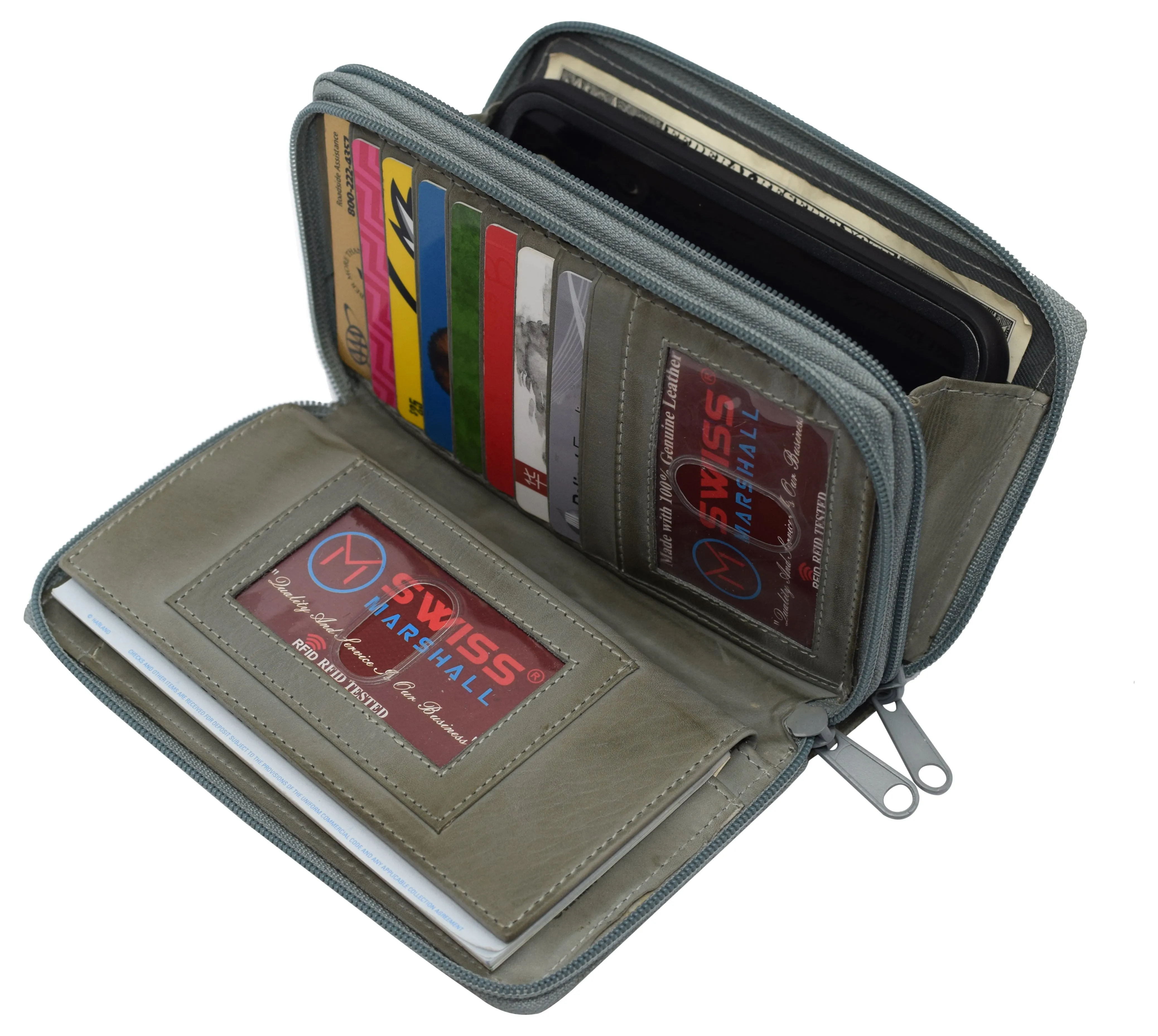 Women's RFID Blocking Double Zipper Smartphone Leather Wallet with Removable Checkbook Holder