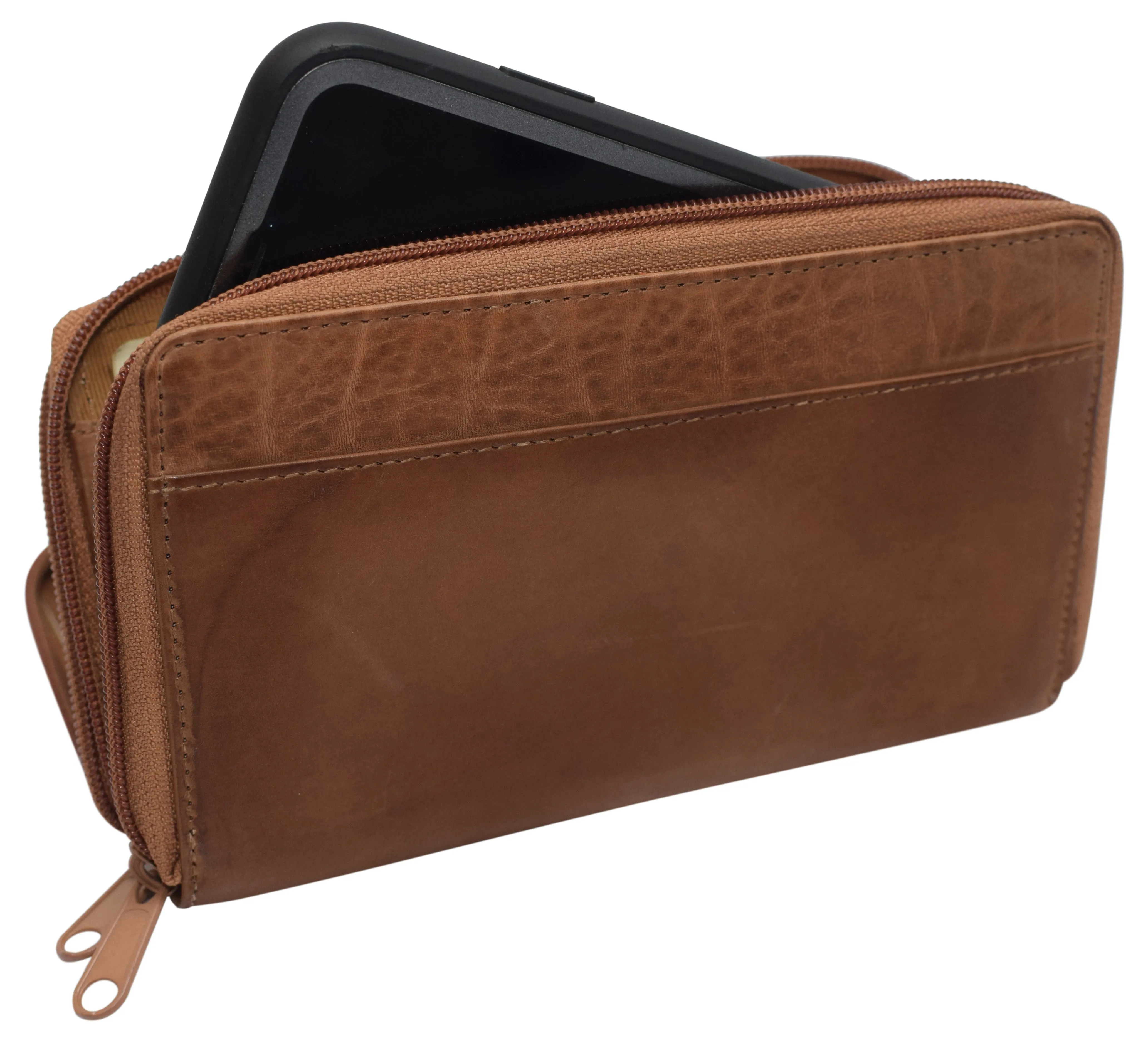 Women's RFID Blocking Double Zipper Smartphone Leather Wallet with Removable Checkbook Holder