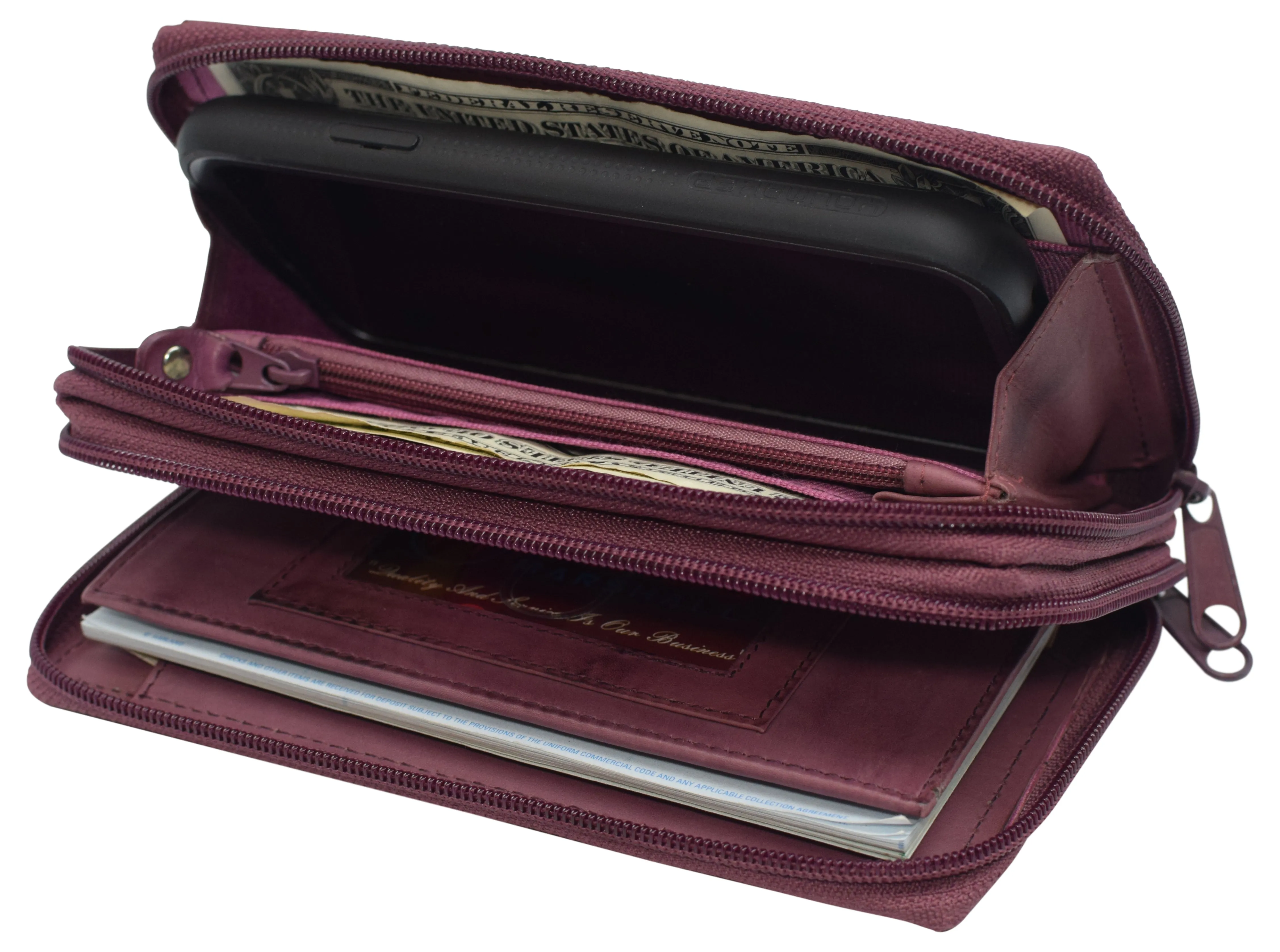 Women's RFID Blocking Double Zipper Smartphone Leather Wallet with Removable Checkbook Holder