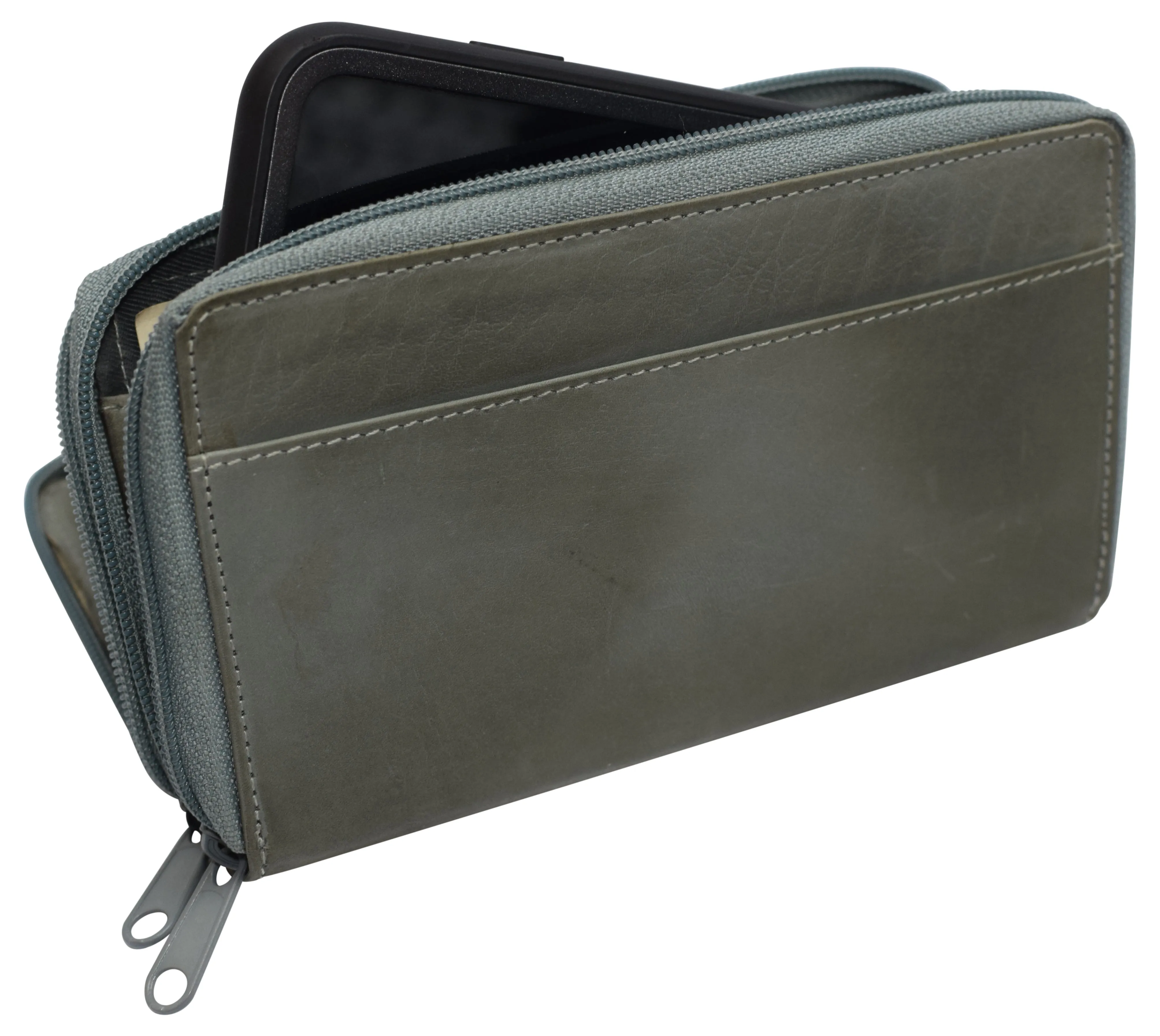 Women's RFID Blocking Double Zipper Smartphone Leather Wallet with Removable Checkbook Holder