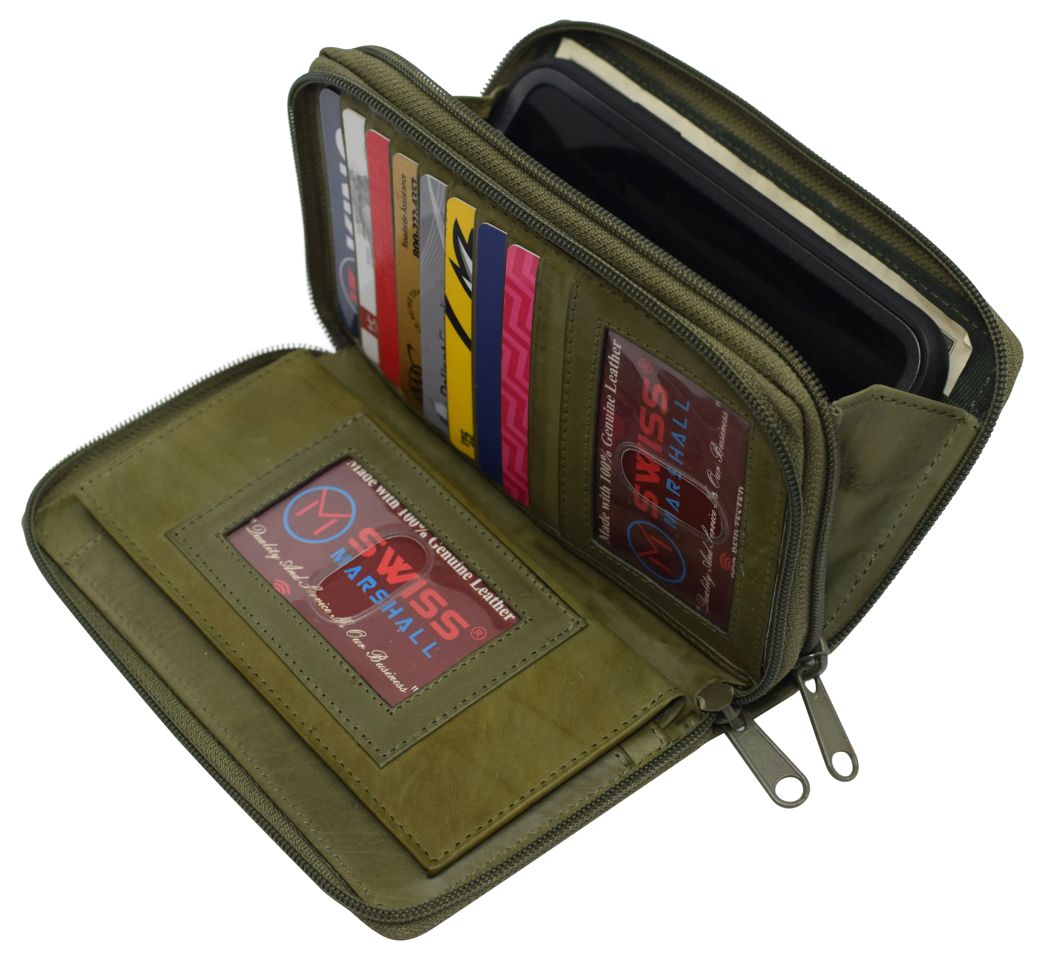 Women's RFID Blocking Double Zipper Smartphone Leather Wallet with Removable Checkbook Holder