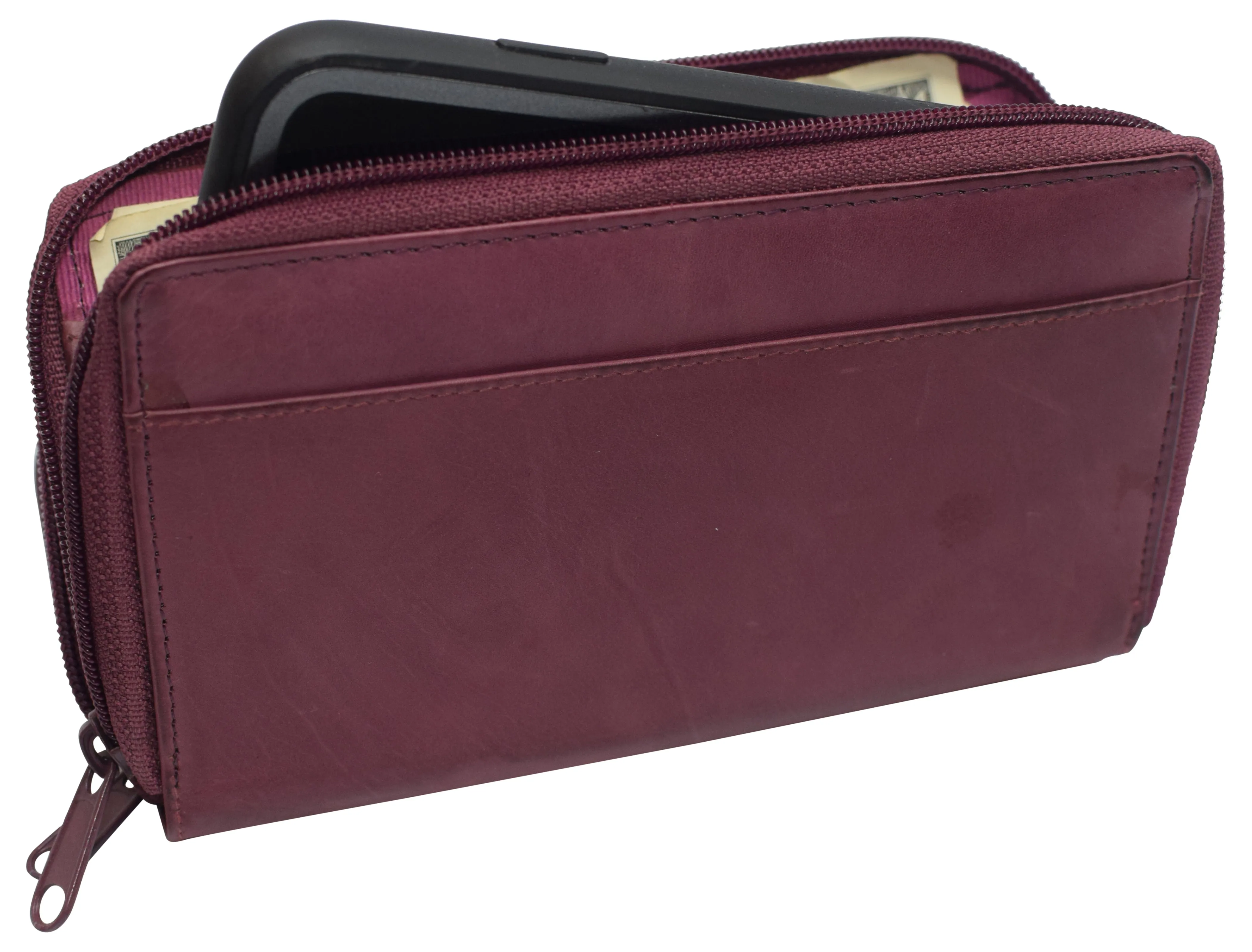 Women's RFID Blocking Double Zipper Smartphone Leather Wallet with Removable Checkbook Holder