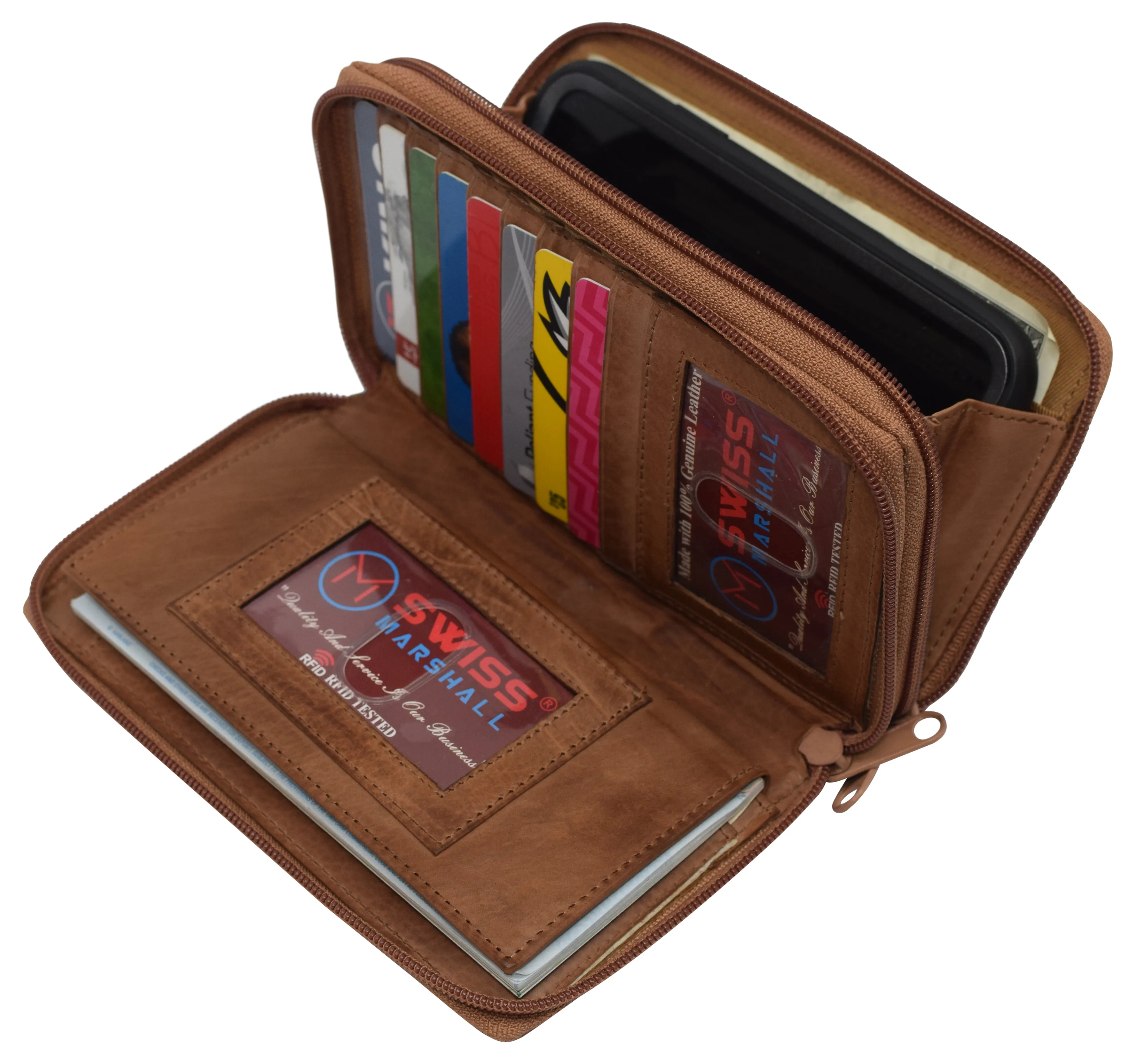 Women's RFID Blocking Double Zipper Smartphone Leather Wallet with Removable Checkbook Holder