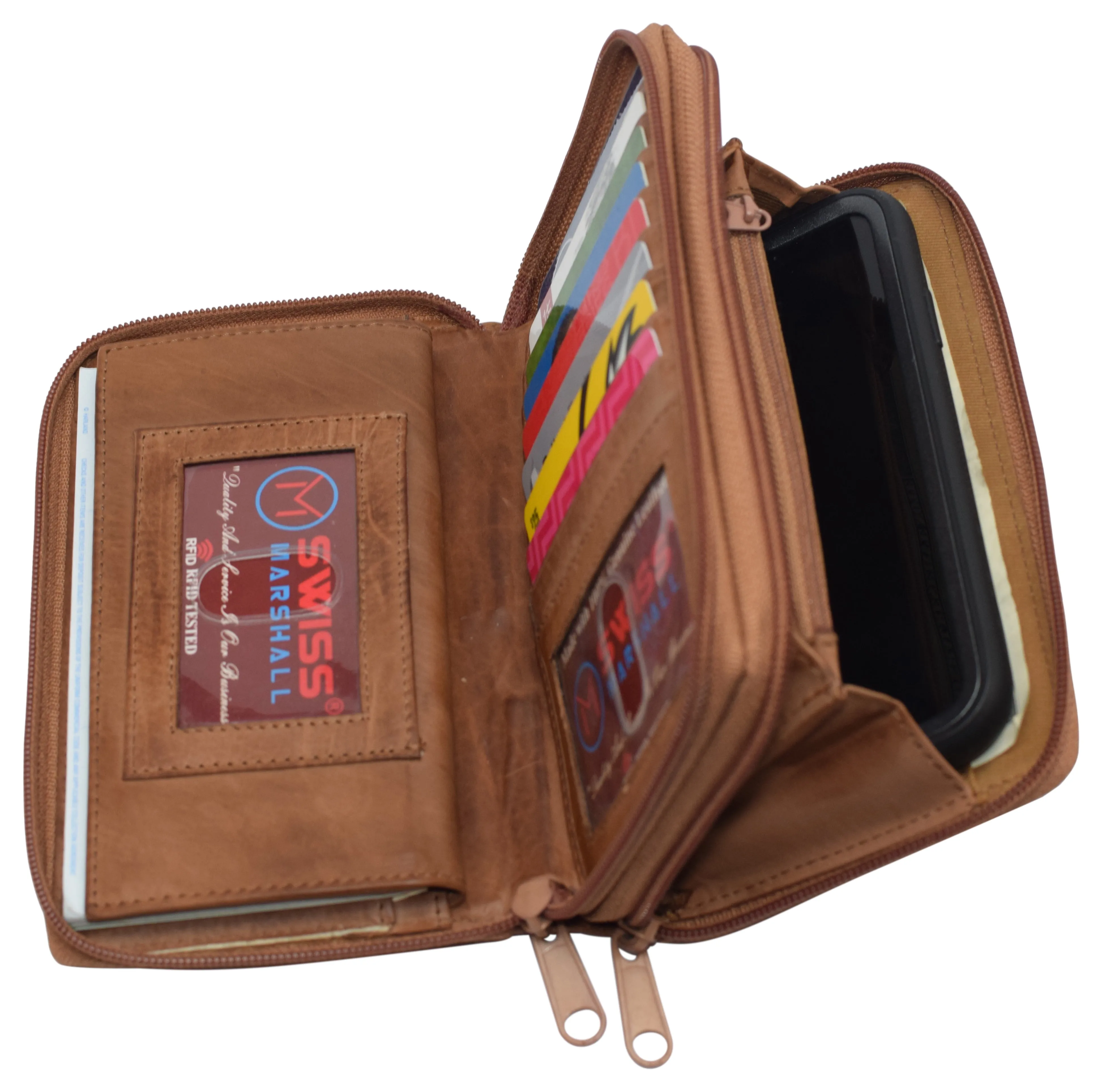 Women's RFID Blocking Double Zipper Smartphone Leather Wallet with Removable Checkbook Holder