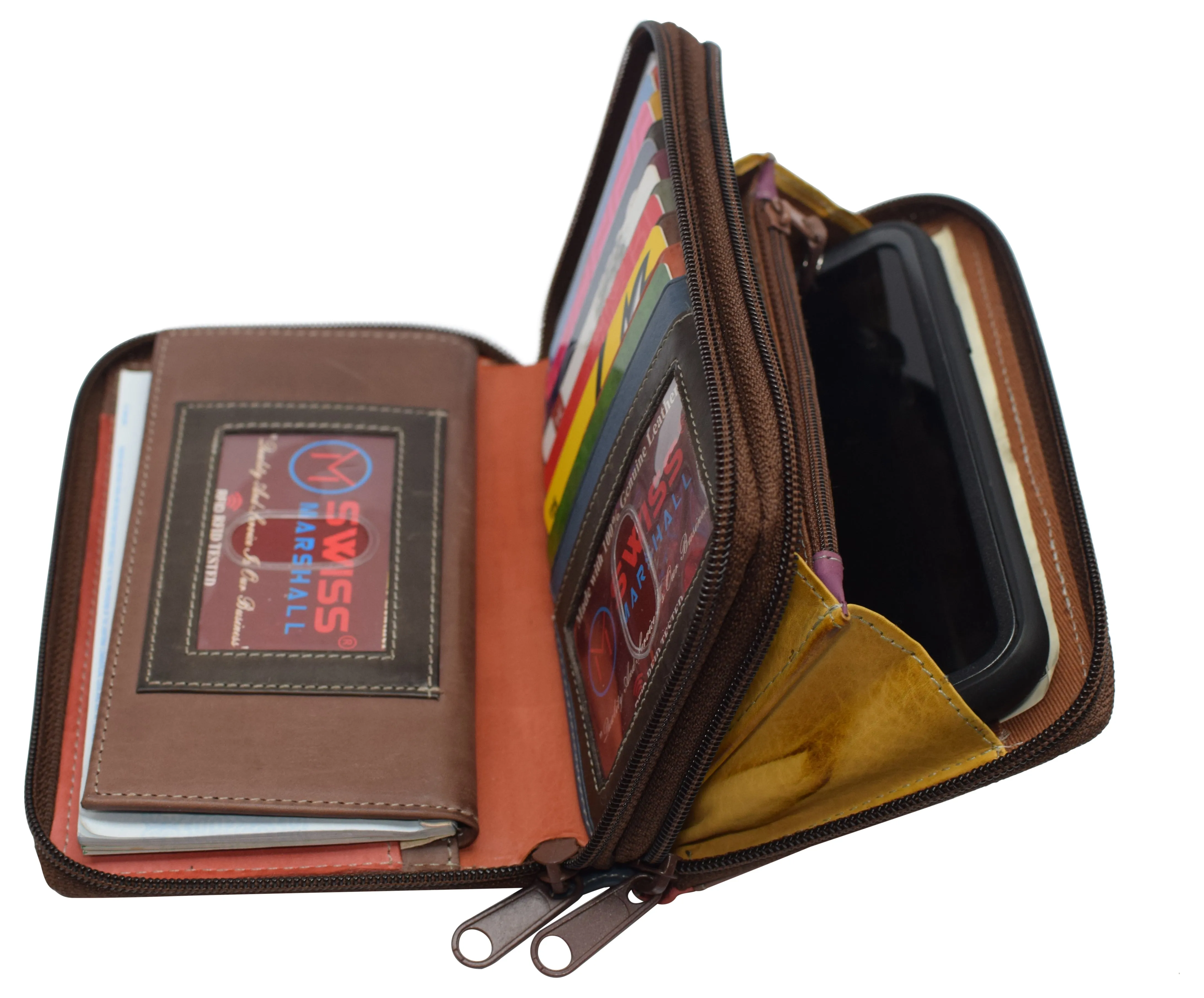 Women's RFID Blocking Double Zipper Smartphone Leather Wallet with Removable Checkbook Holder