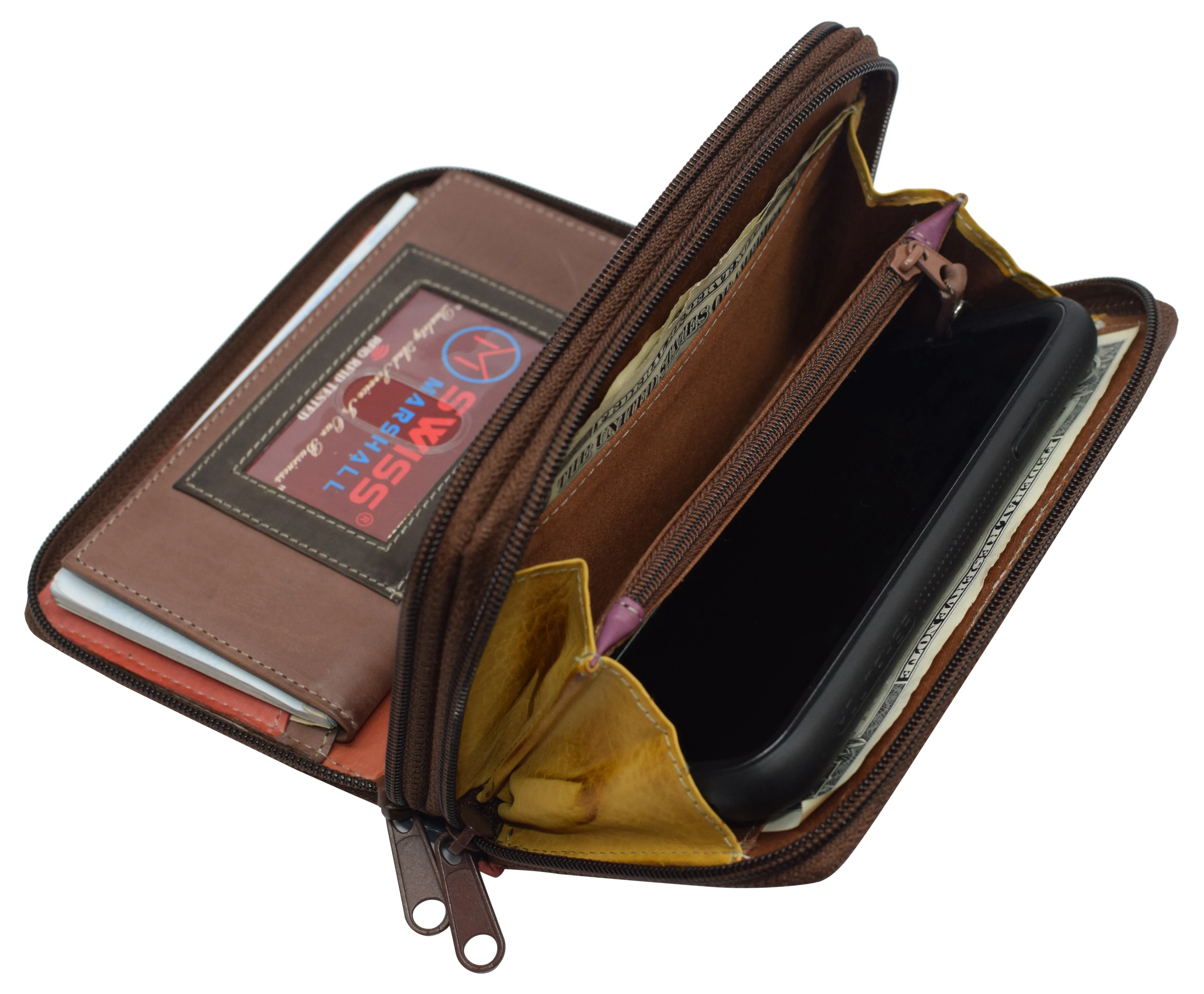 Women's RFID Blocking Double Zipper Smartphone Leather Wallet with Removable Checkbook Holder