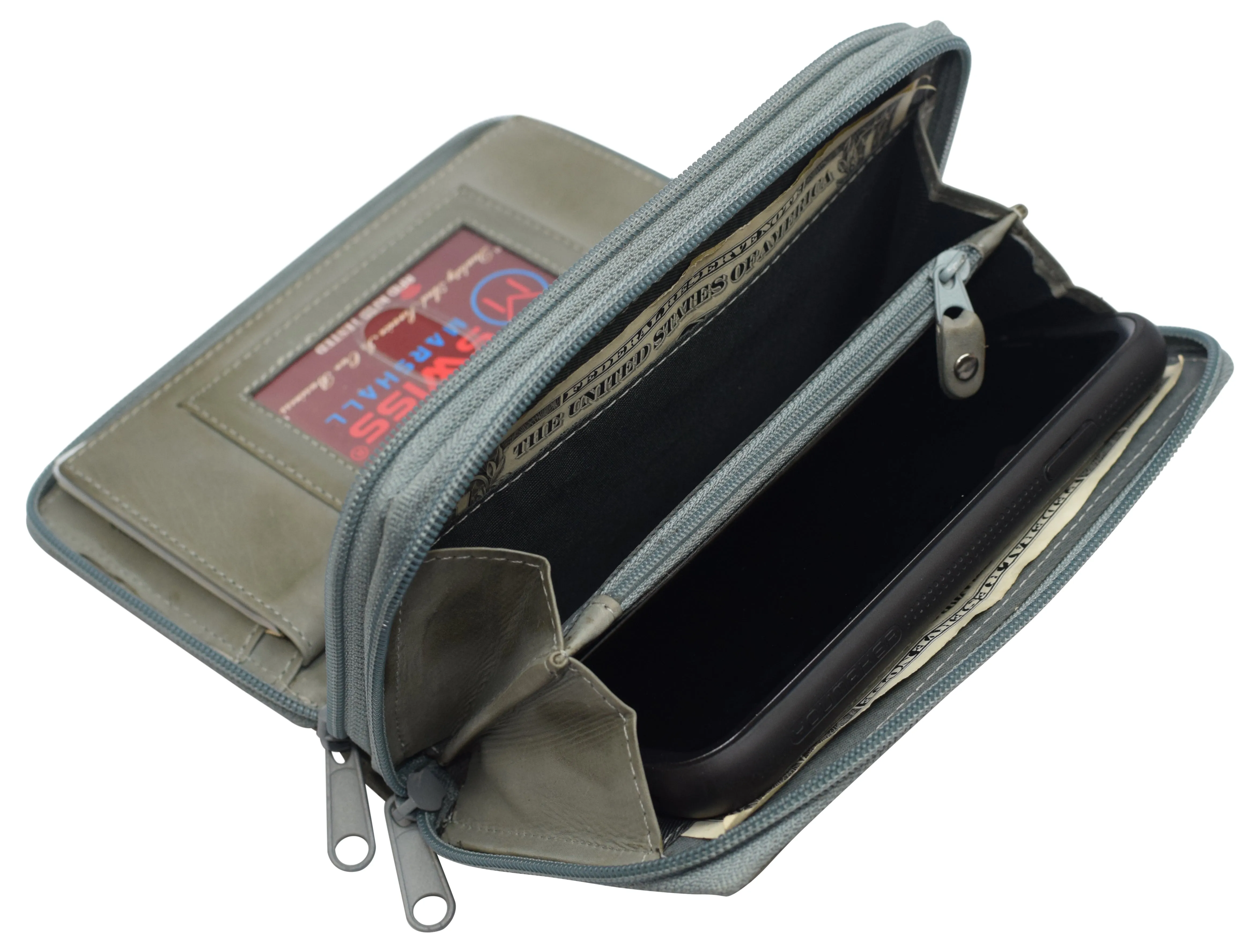 Women's RFID Blocking Double Zipper Smartphone Leather Wallet with Removable Checkbook Holder