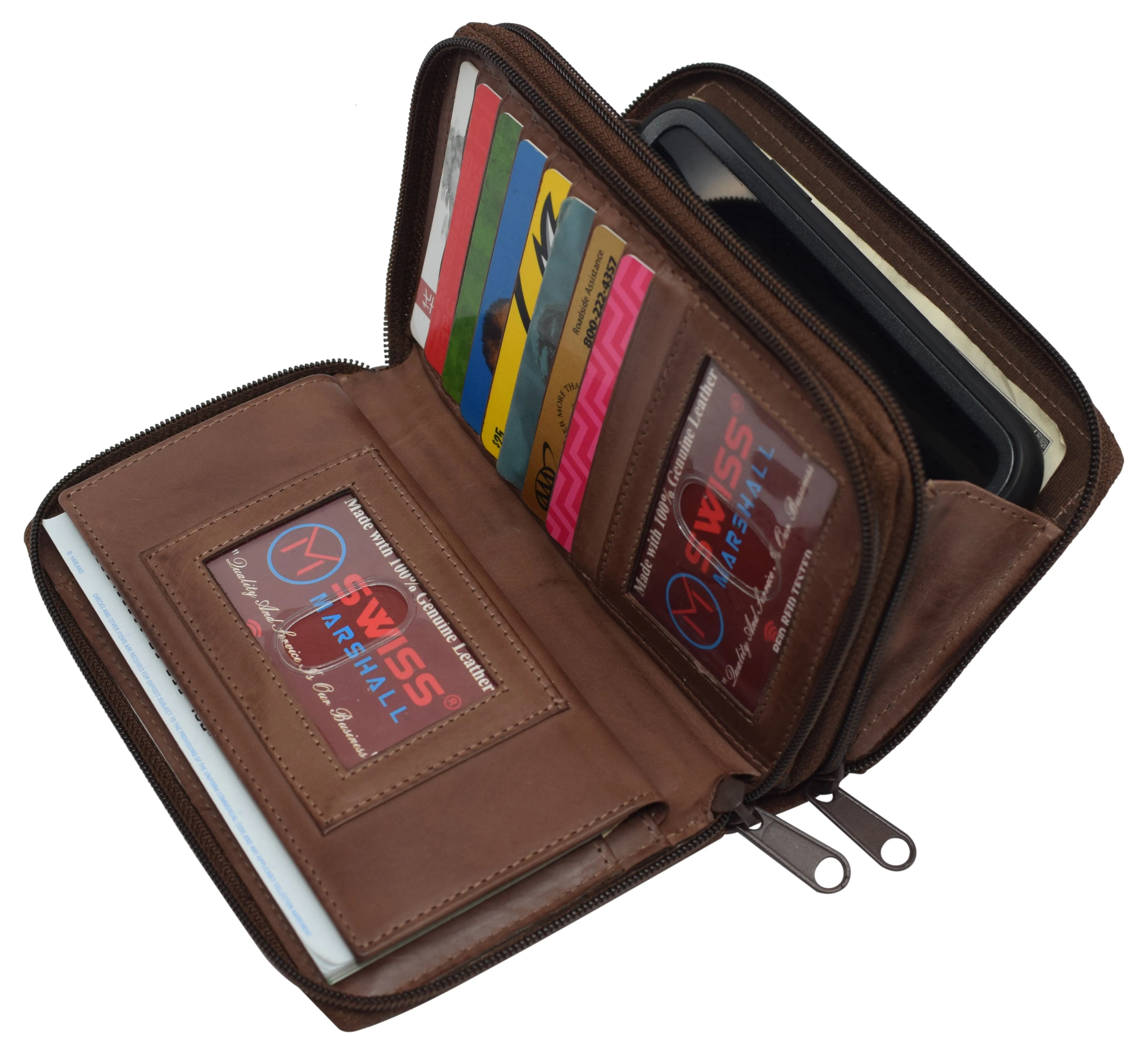 Women's RFID Blocking Double Zipper Smartphone Leather Wallet with Removable Checkbook Holder