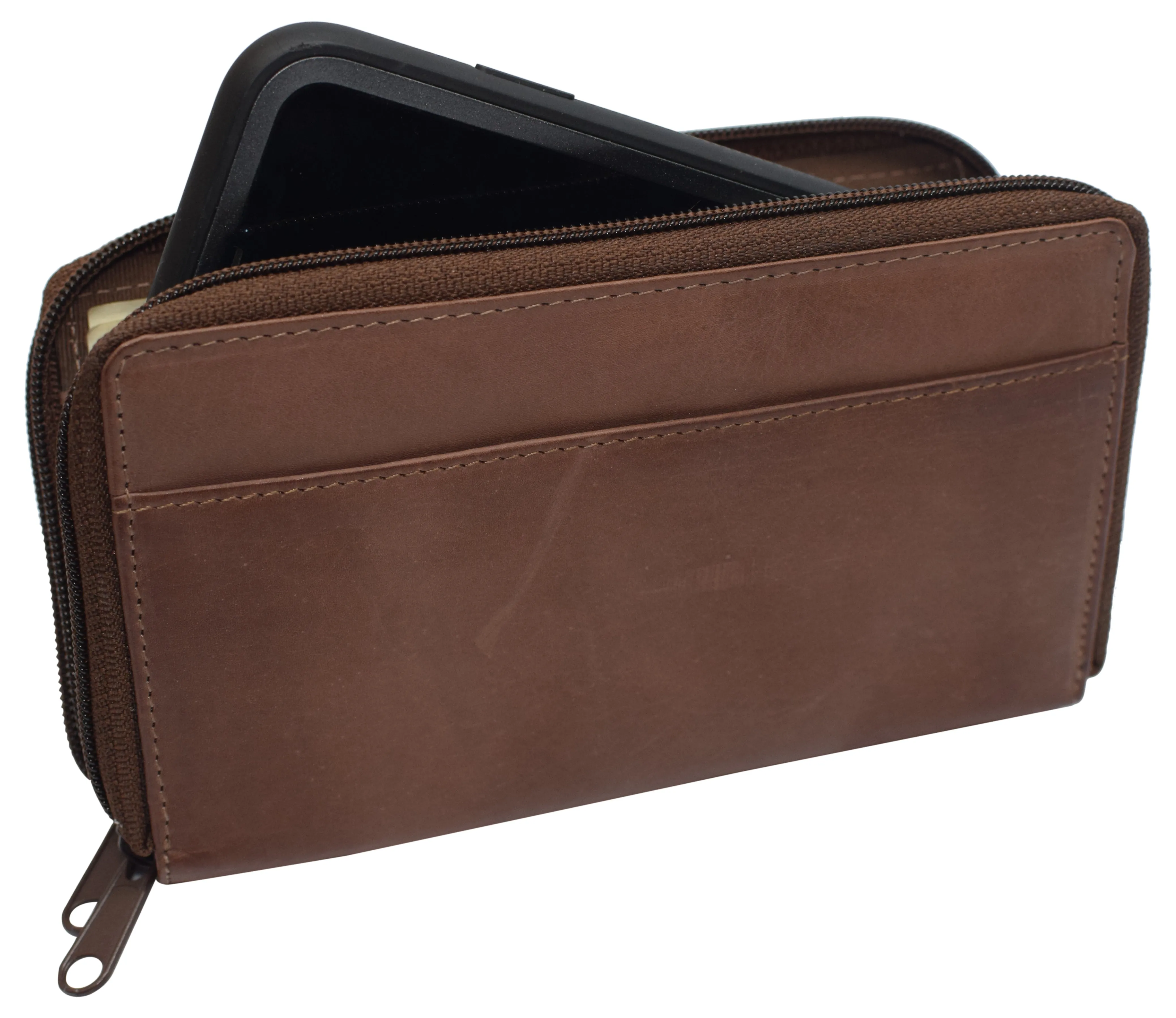Women's RFID Blocking Double Zipper Smartphone Leather Wallet with Removable Checkbook Holder